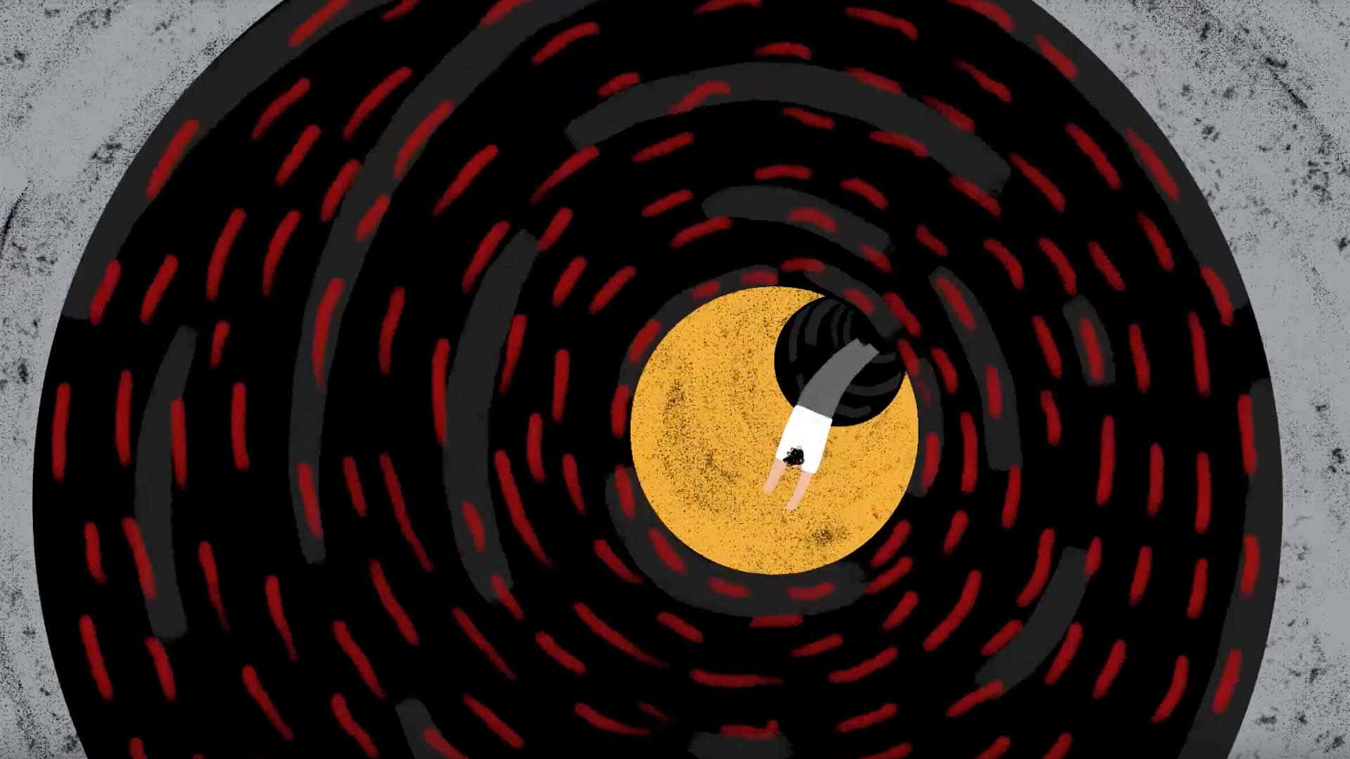 Freds Head, yellow circle, spiraling black and red lines, Full HD Desktop Wallpaper