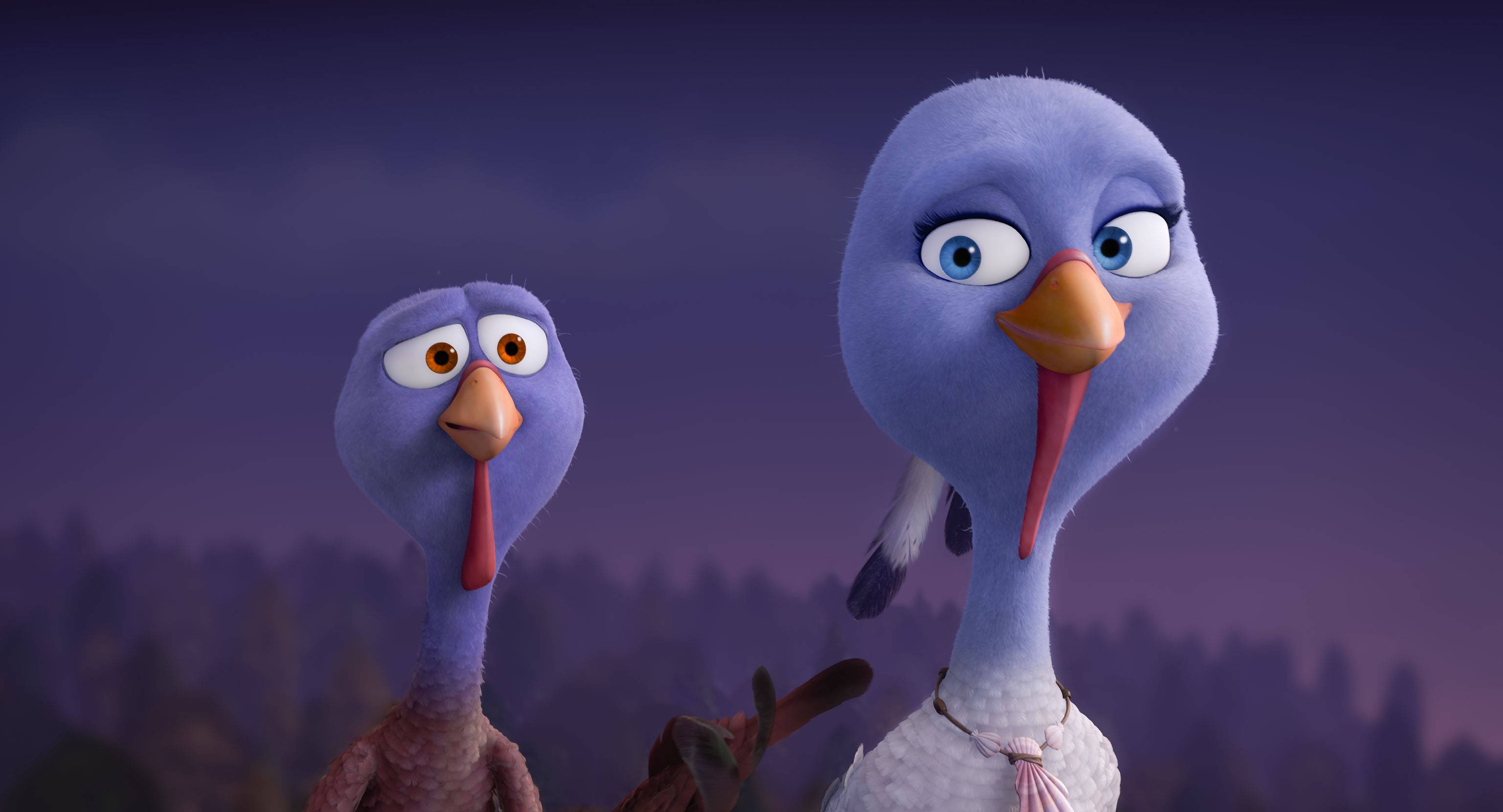 Free Birds, purple turkeys, dusky purple forest, 2K Desktop Wallpaper