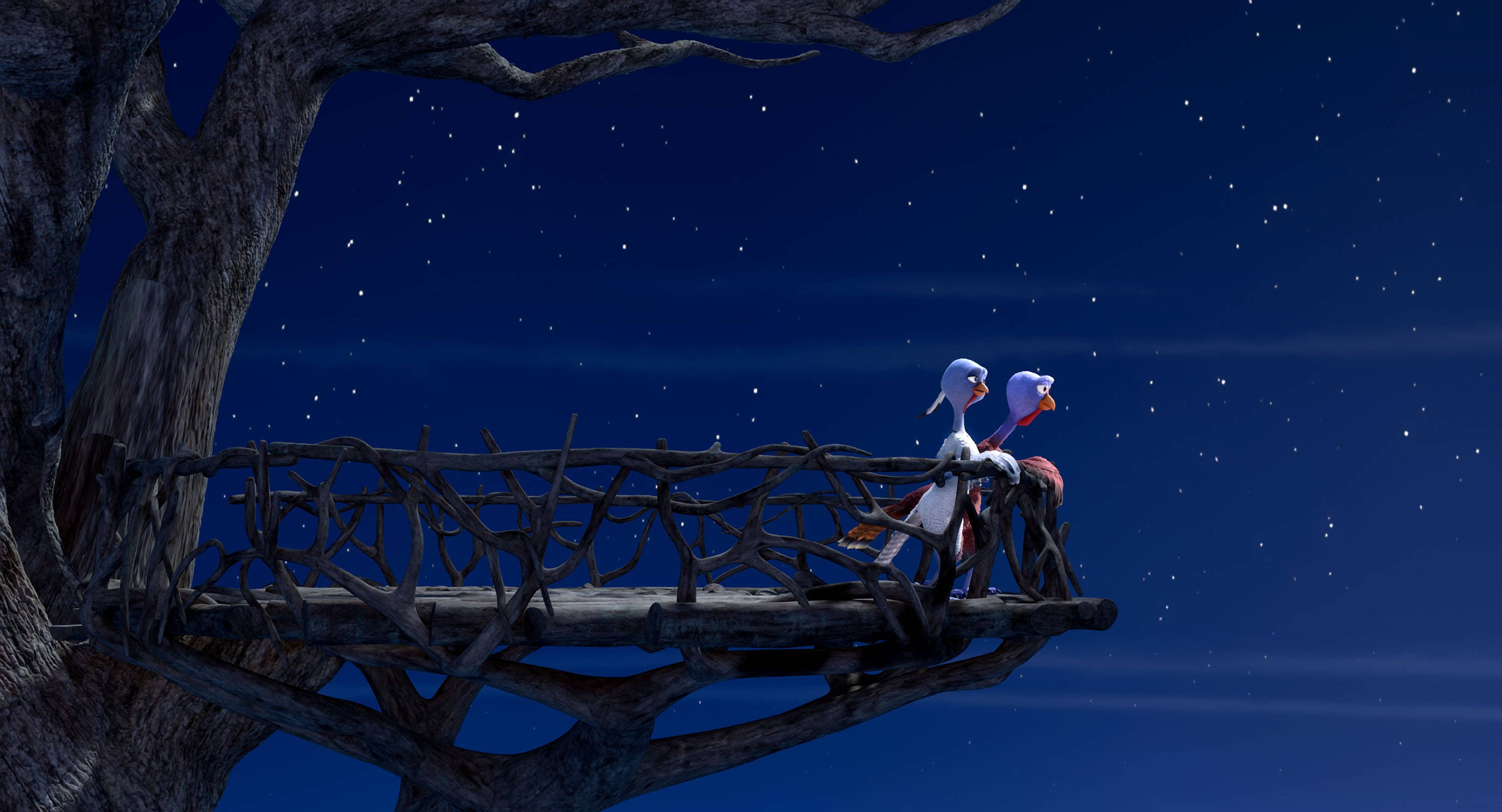 Free Birds, starry night, rustic treehouse platform, 2K Desktop Wallpaper