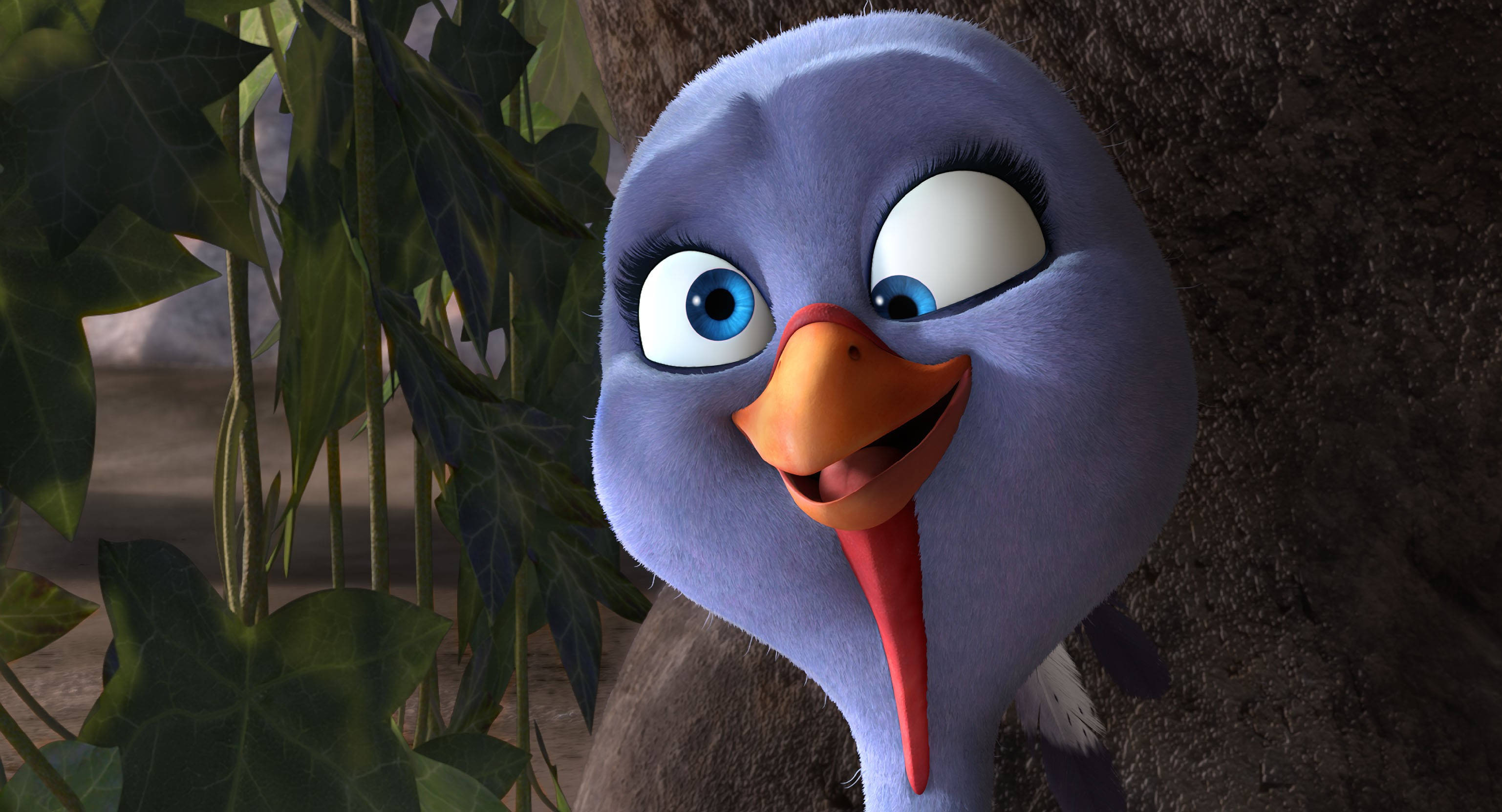 Cross Eyed Free Birds, purple animated bird, bright blue eyes, 2K Desktop Wallpaper