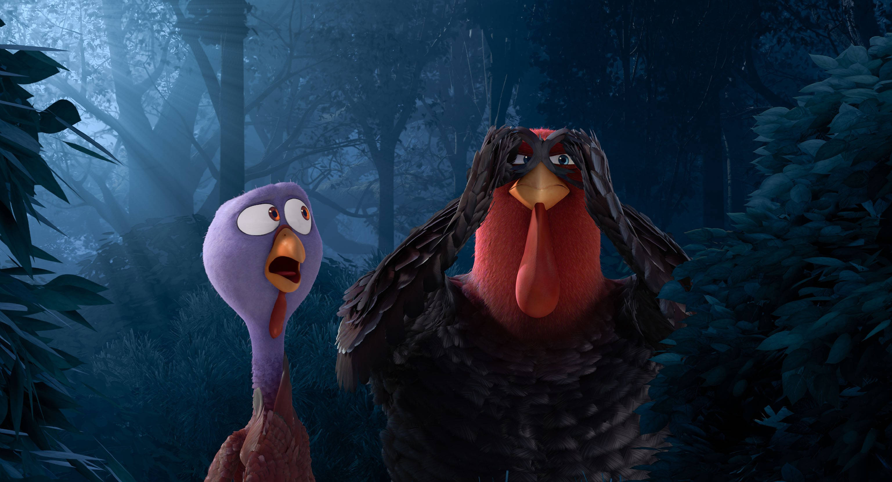 Free Birds, turkeys, misty dark forest, 2K Desktop Wallpaper