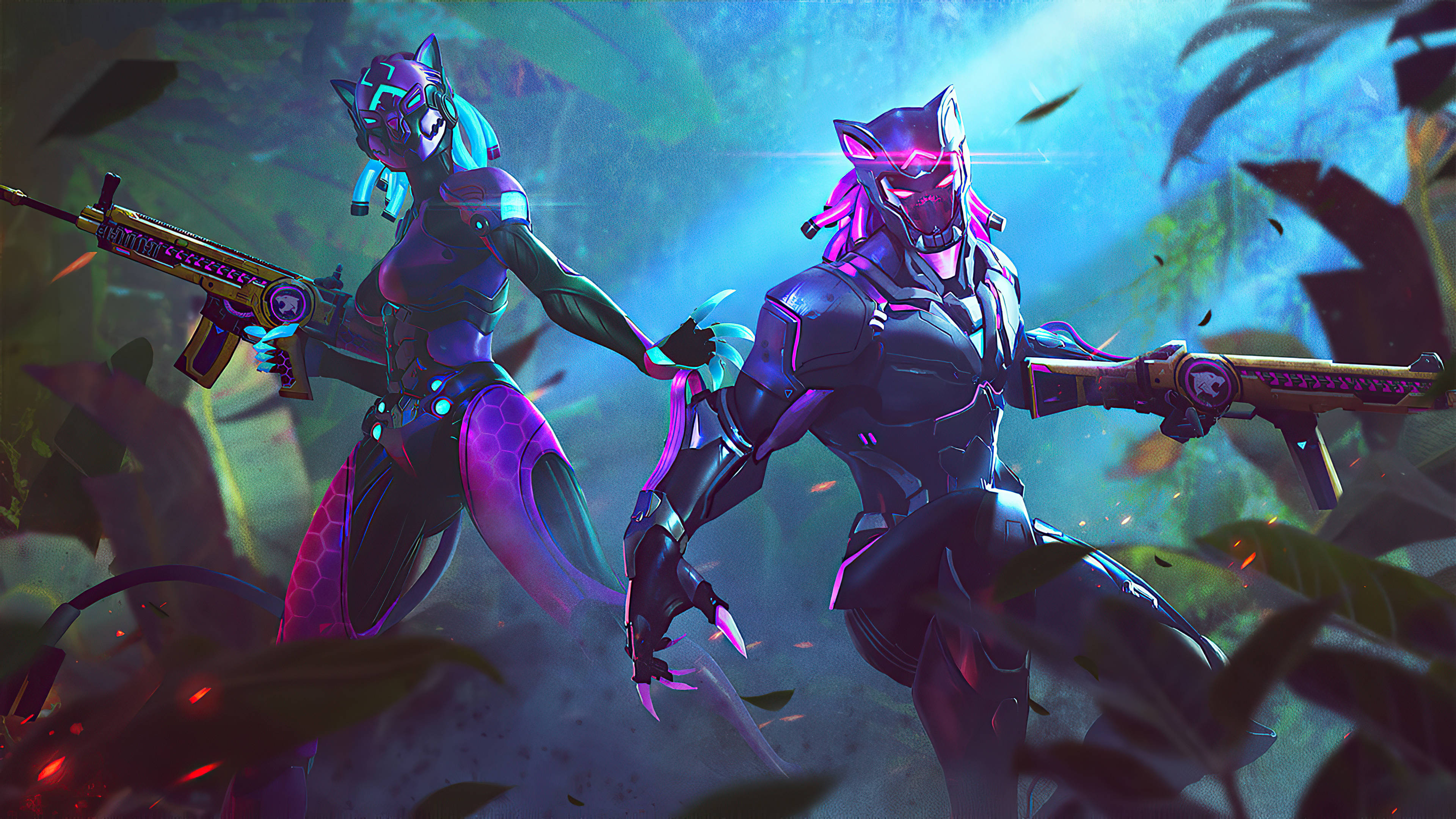 Free Fire 2020, cybernetic feline warriors, glowing purple armor, 4K Desktop Wallpaper