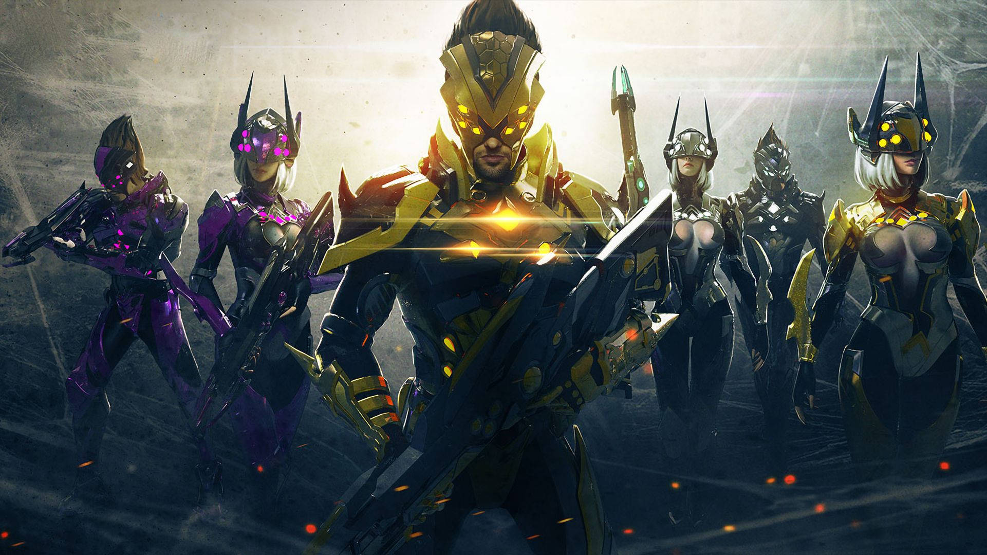 Free Fire 2021, gold and purple gear, glowing weapons, Full HD Desktop Wallpaper
