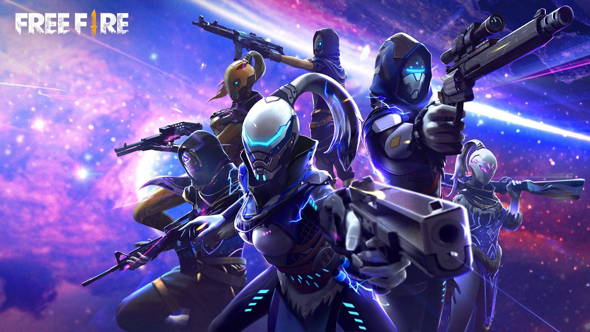 Free Fire 2021, Purple Galaxy, futuristic warriors, Full HD Desktop Wallpaper