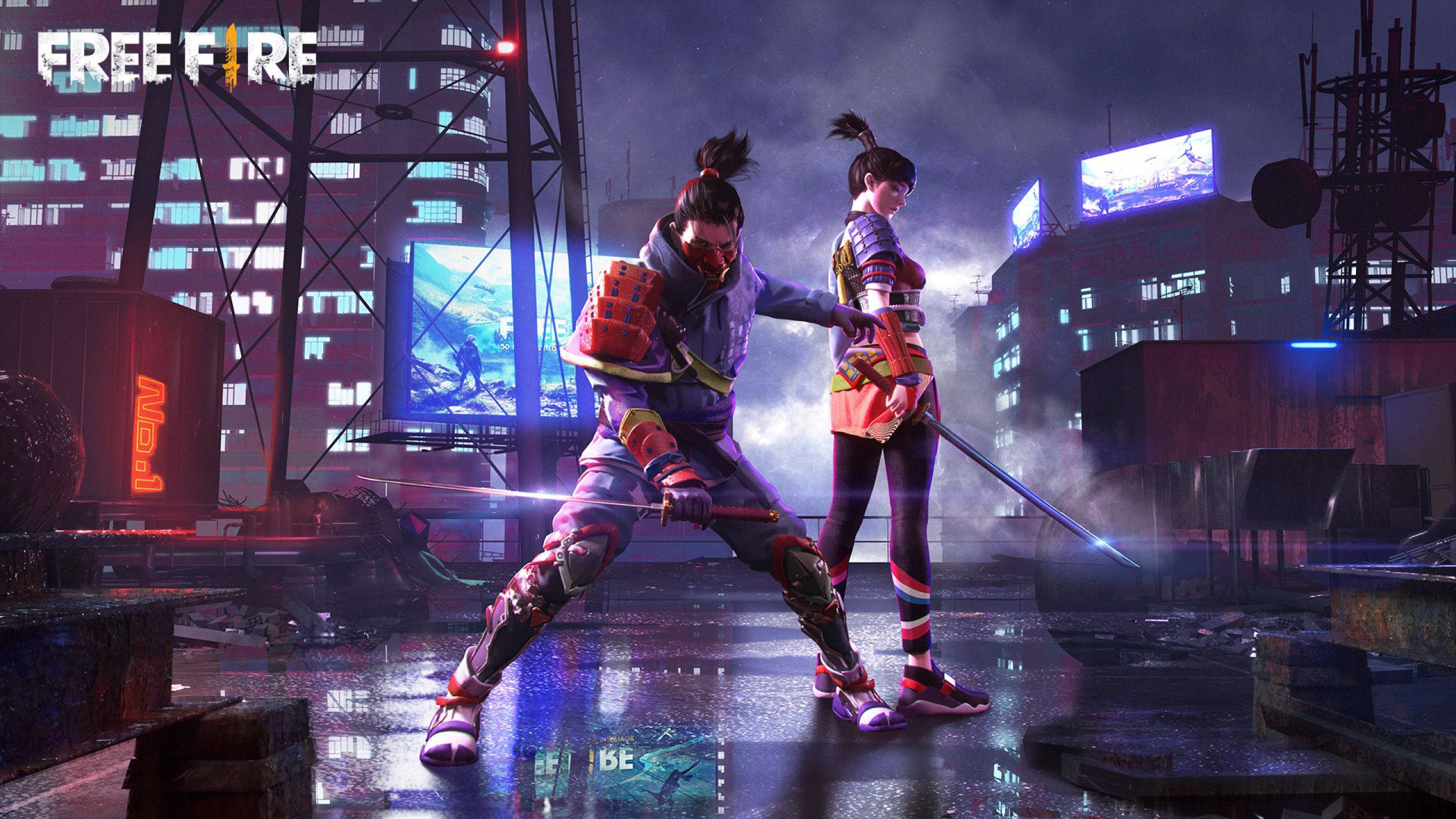 Free Fire 2021, cyberpunk warriors, glowing swords, 2K Desktop Wallpaper