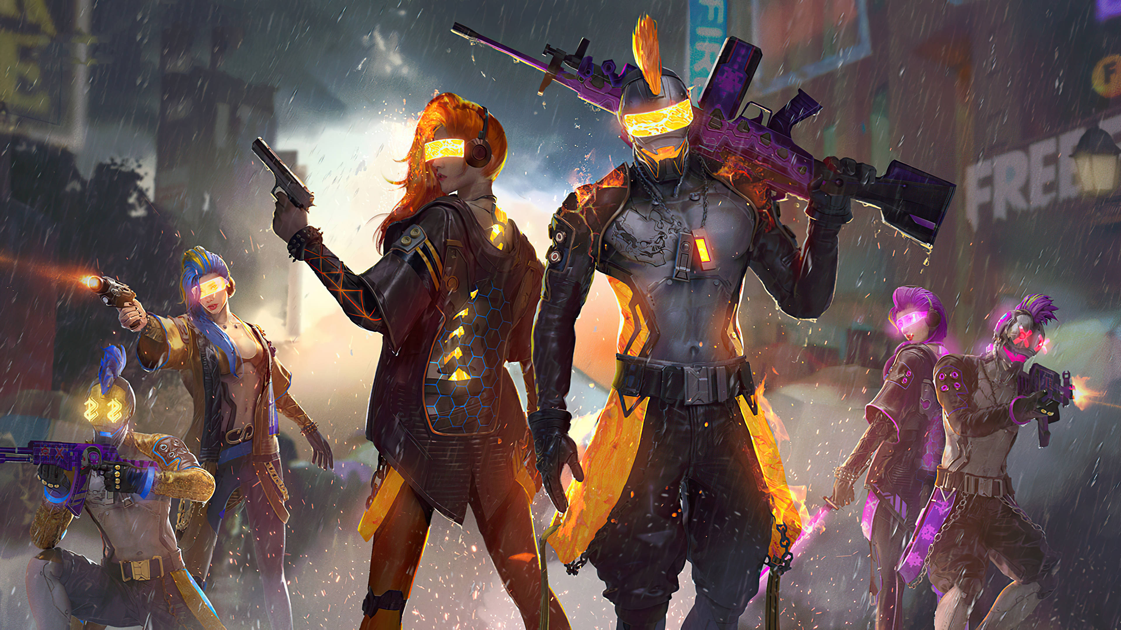 Free Fire 2021, cyberpunk warriors, neon-lit, 4K Desktop Wallpaper