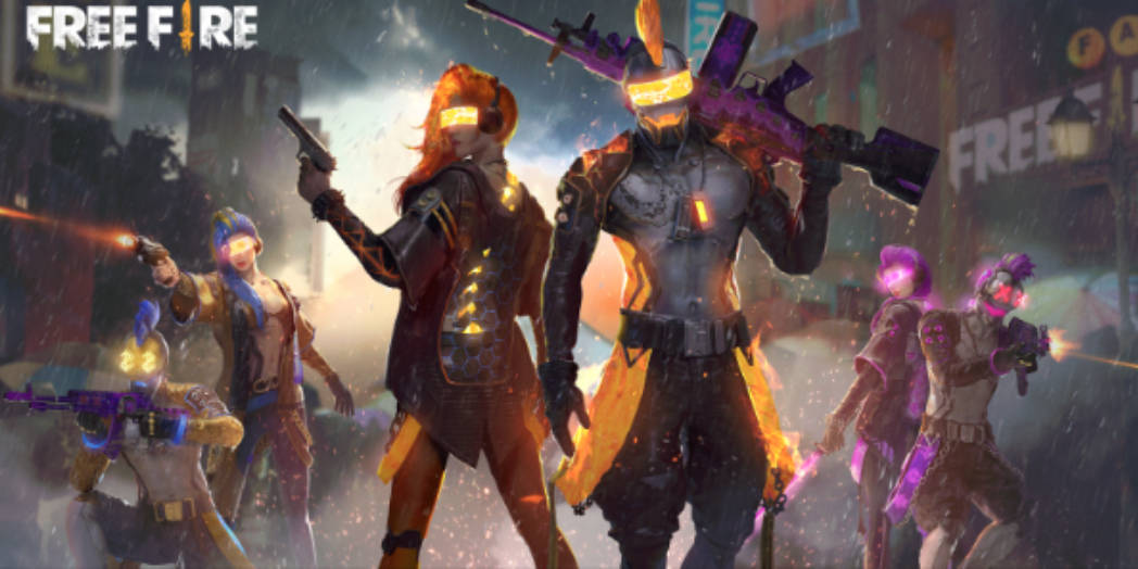 Free Fire, robot skins, neon-lit urban battle scene, SD Desktop Wallpaper