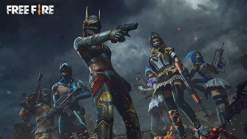 Free Fire Banner, armored warriors, stormy battlefield, SD Desktop Wallpaper