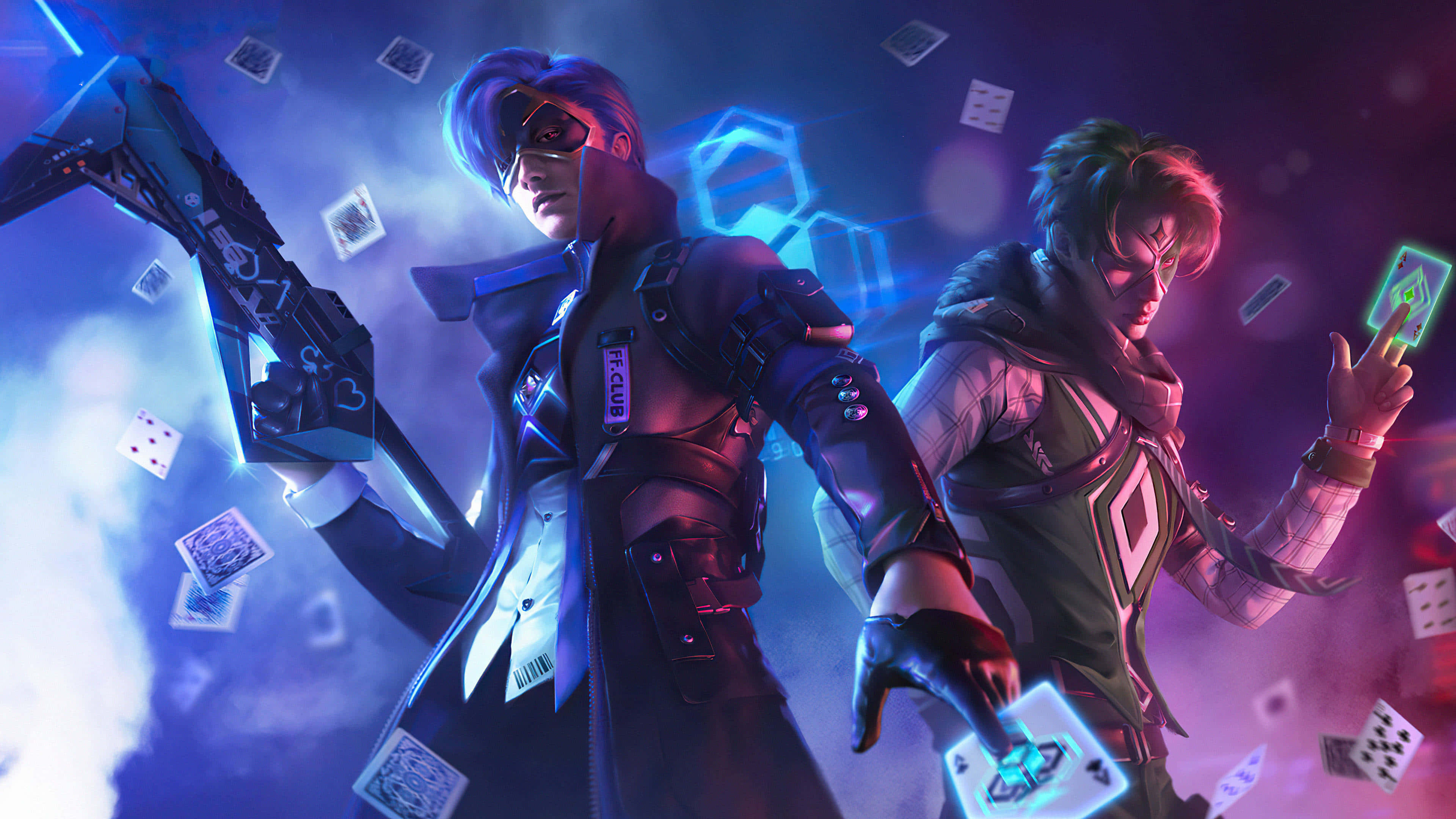 Free Fire Chrono, cyberpunk characters, glowing neon gear, 4K Desktop Wallpaper