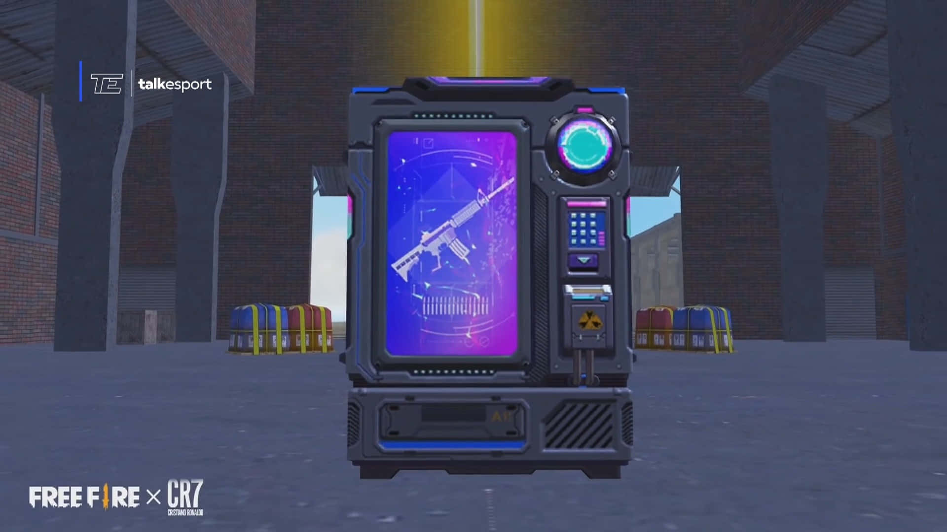 Free Fire Chrono, glowing purple rifle, futuristic vending machine, Full HD Desktop Wallpaper