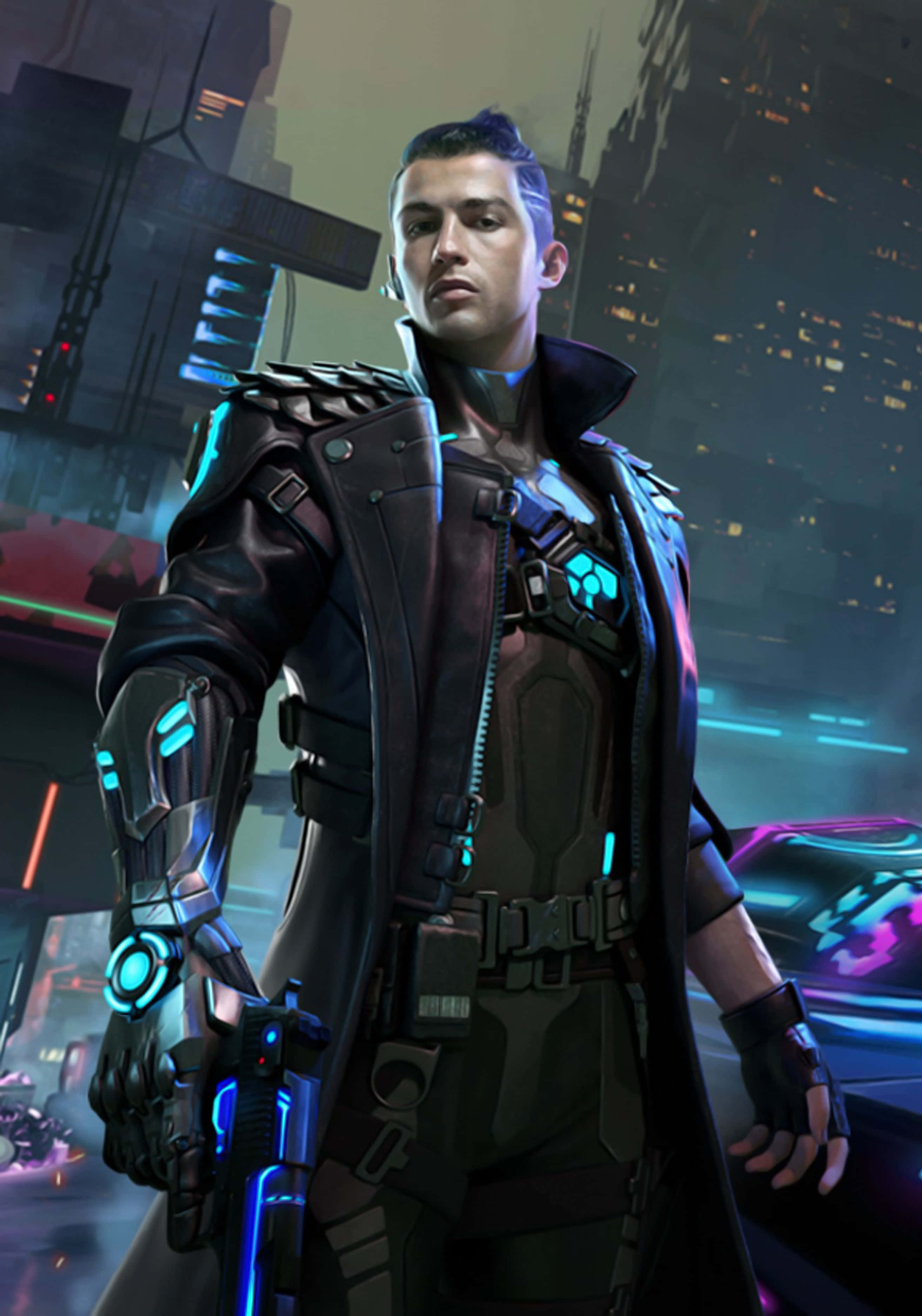 Free Fire Chrono, cyberpunk warrior, glowing blue armor, 2K Phone Wallpaper