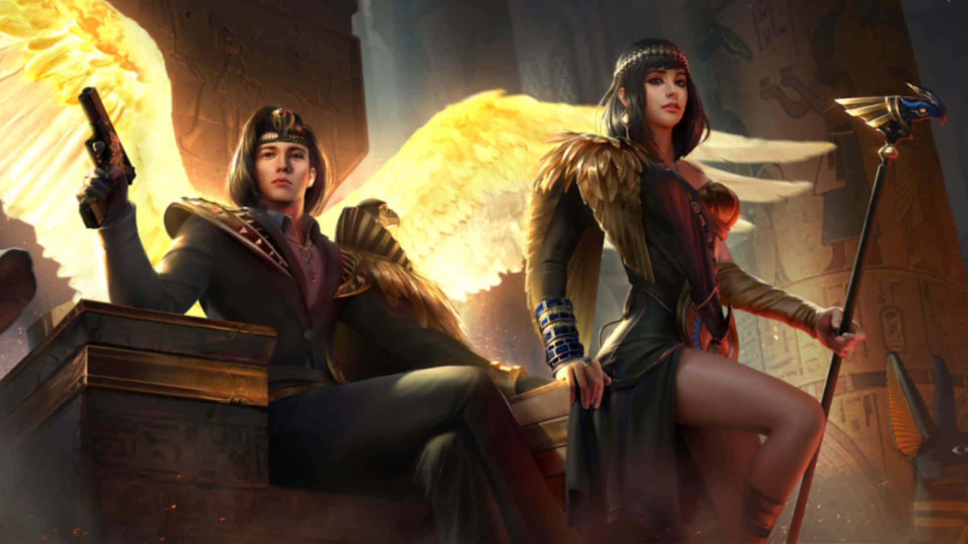 Free Fire Chrono, ancient Egyptian attire, stone throne, Full HD Desktop Wallpaper