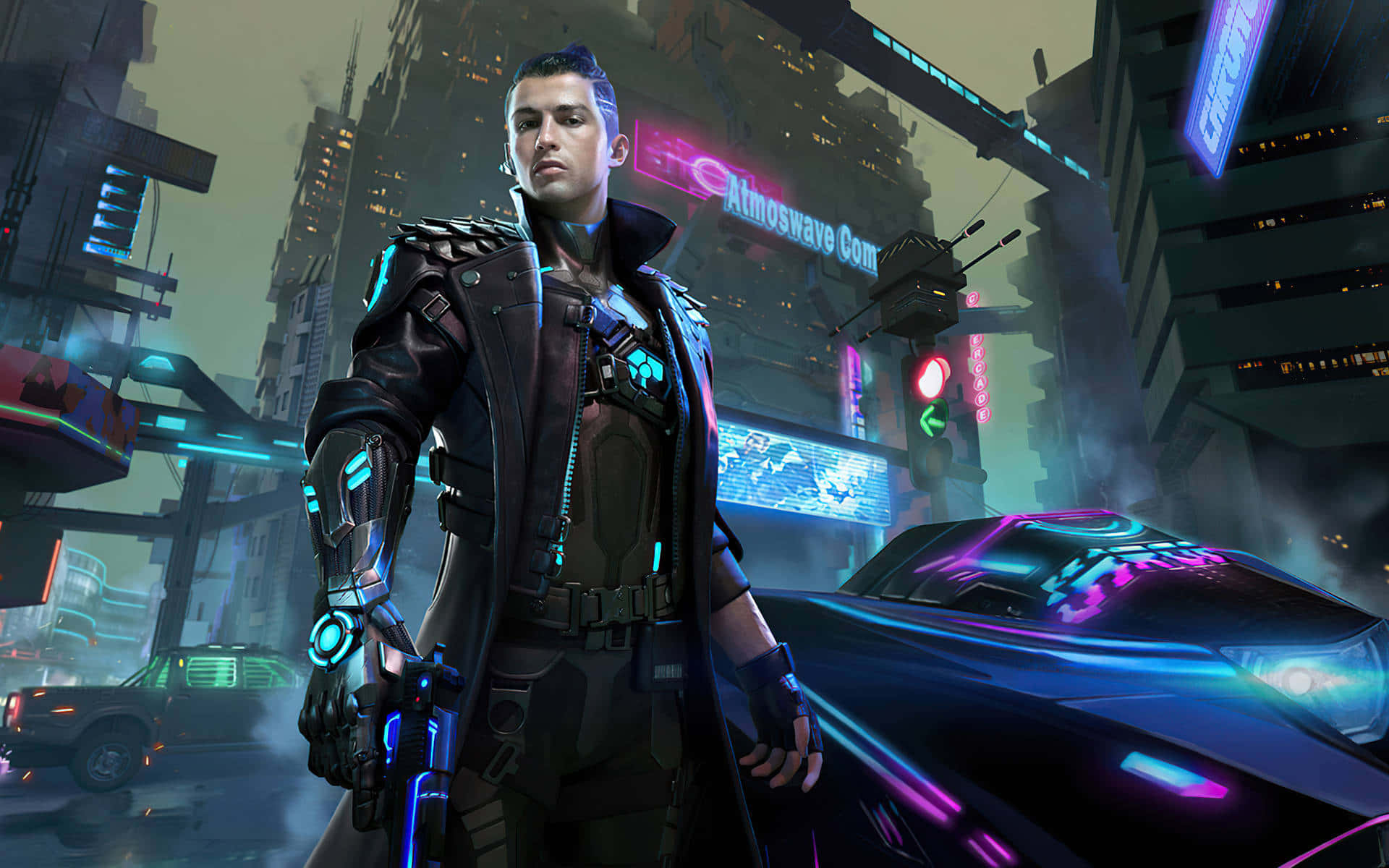 Free Fire Chrono, cyberpunk warrior, glowing armor, Full HD Desktop Wallpaper