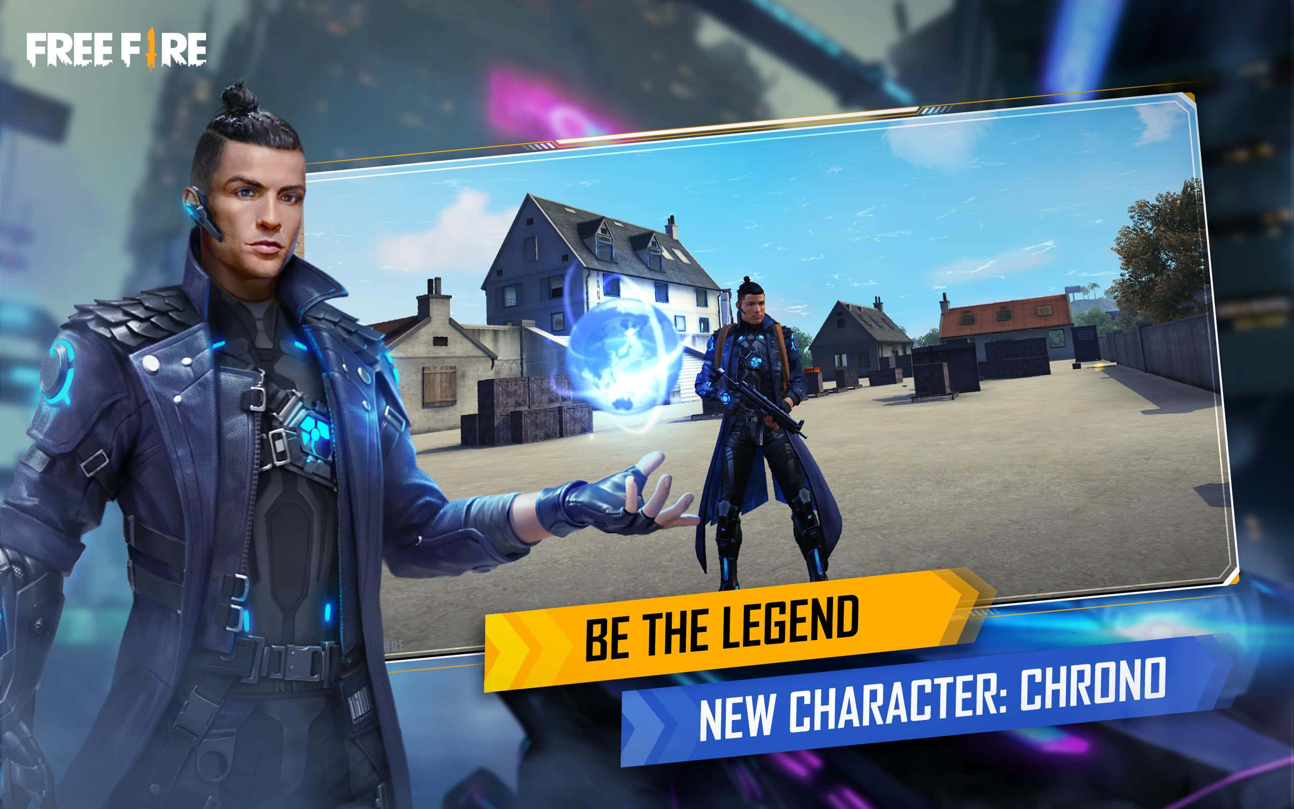 Free Fire Chrono, glowing blue coat, holographic display, 2K Desktop Wallpaper