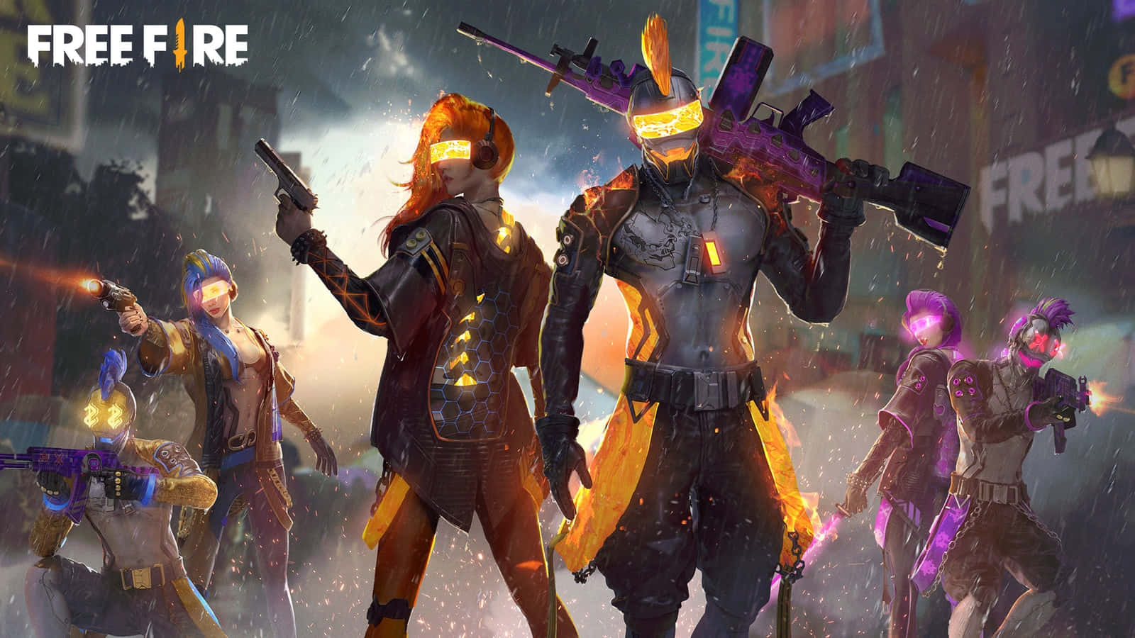 Free Fire Chrono, neon-lit rainstorm, glowing weapons, HD Desktop Wallpaper