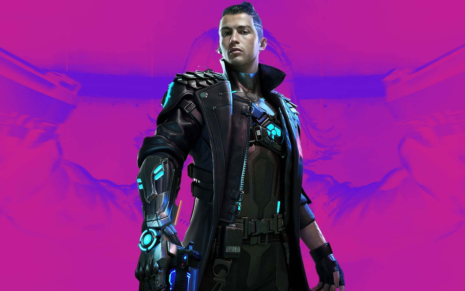 Free Fire Chrono, cyberpunk warrior, glowing blue armor, Full HD Desktop Wallpaper