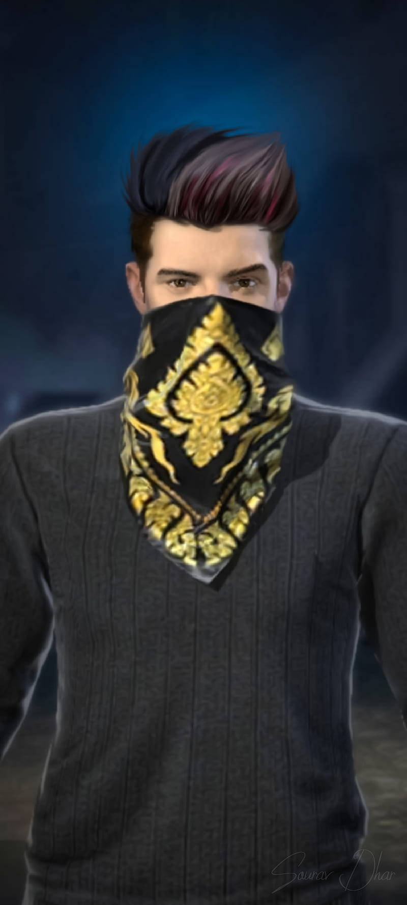 Free Fire, DJ Alok, black and gold ornate bandana, HD Phone Wallpaper