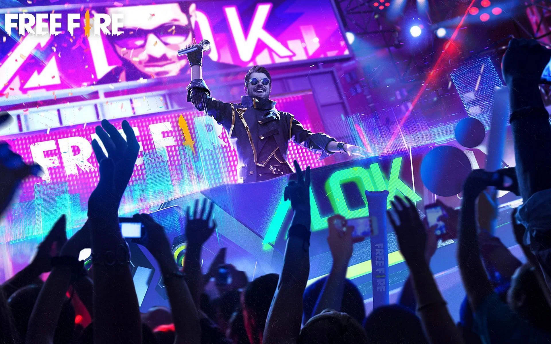 Free Fire, DJ Alok, neon-lit stage, Full HD Desktop Wallpaper