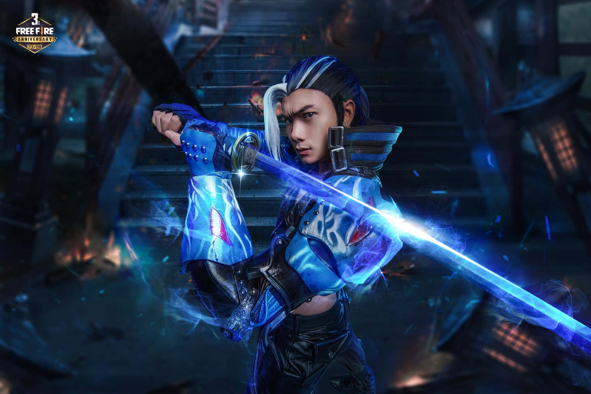 Free Fire Hayato, blue samurai, blue and white hair, Full HD Desktop Wallpaper