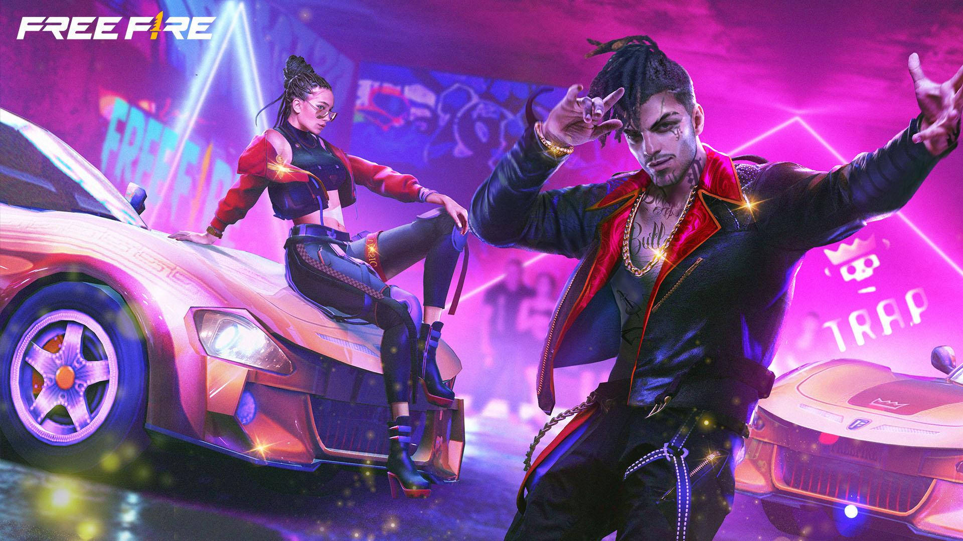 Free Fire Hip Hop Bundle, neon lights, glowing sports cars, Full HD Desktop Wallpaper