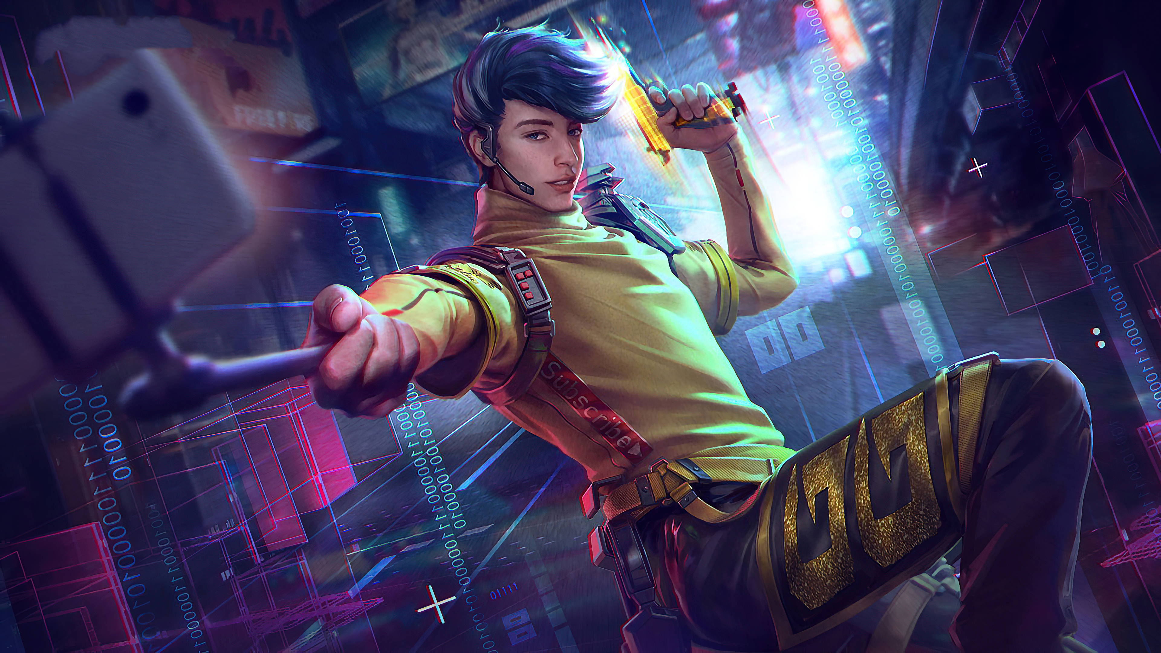 Free Fire Hip Hop Bundle, cyberpunk gamer, neon-lit digital city, 4K Desktop Wallpaper