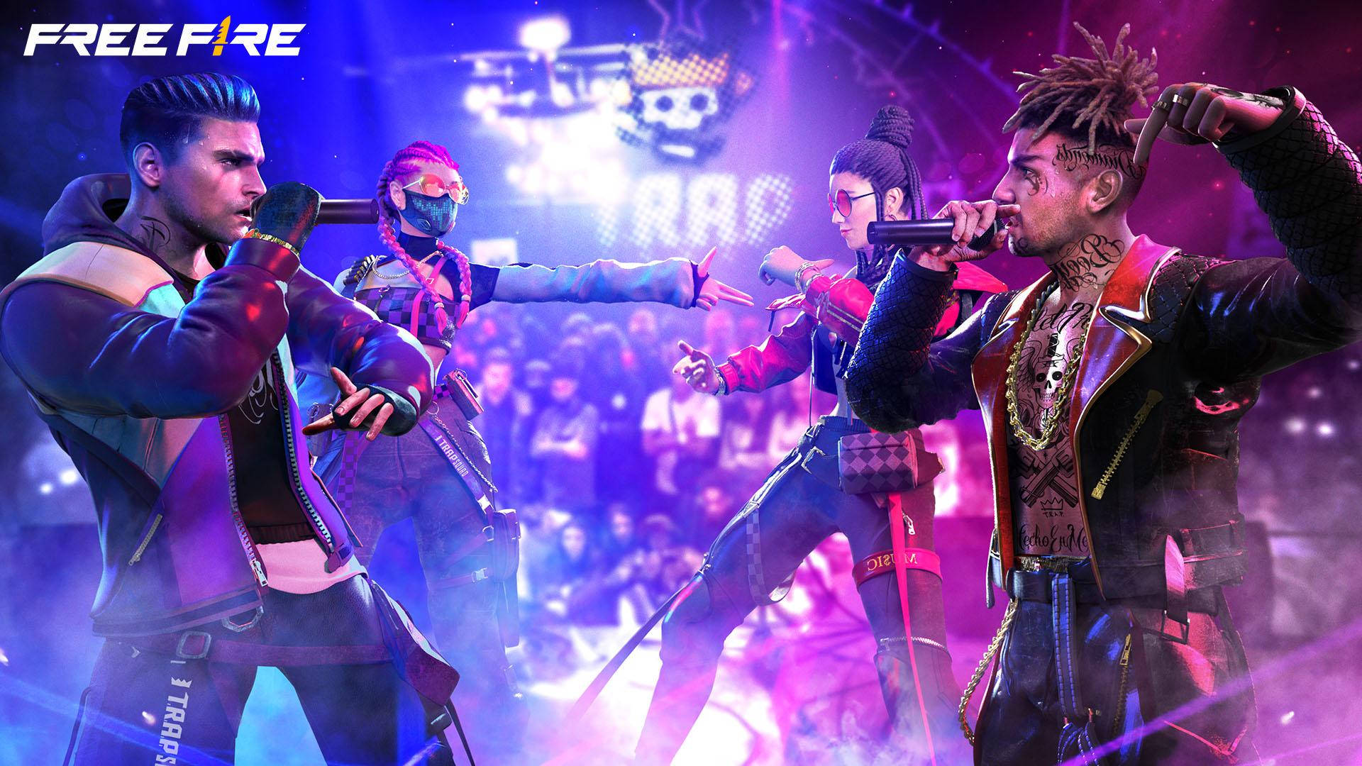 Free Fire Hip Hop Bundle, rap battle, vibrant neon-lit concert stage, Full HD Desktop Wallpaper