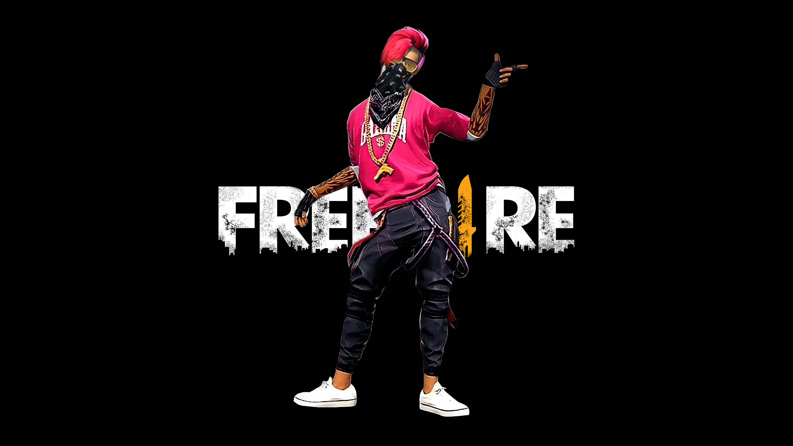 Free Fire Hip Hop Bundle, pink shirt, red hair, 2K Desktop Wallpaper