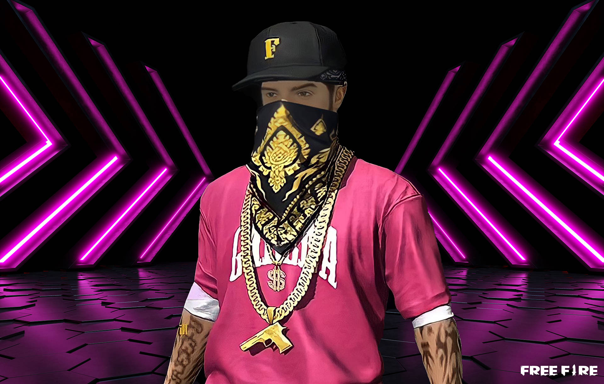 Free Fire Hip Hop Bundle, neon pink background, pink shirt, Full HD Desktop Wallpaper
