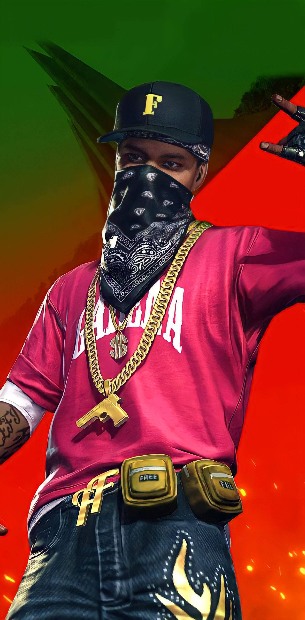 Free Fire Hip Hop Bundle, pink shirt, gold chains, 2K Phone Wallpaper