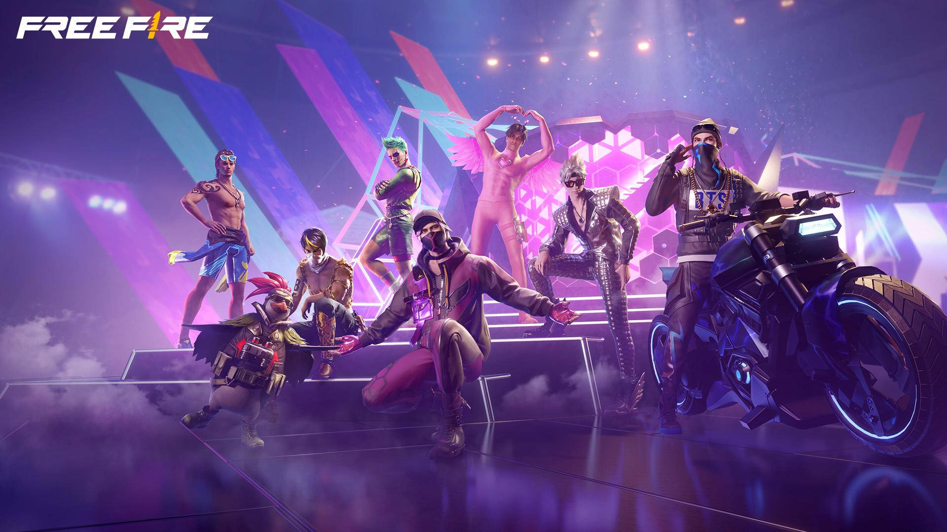 Free Fire Hip Hop Bundle, neon-lit stage, motorcycle, Full HD Desktop Wallpaper