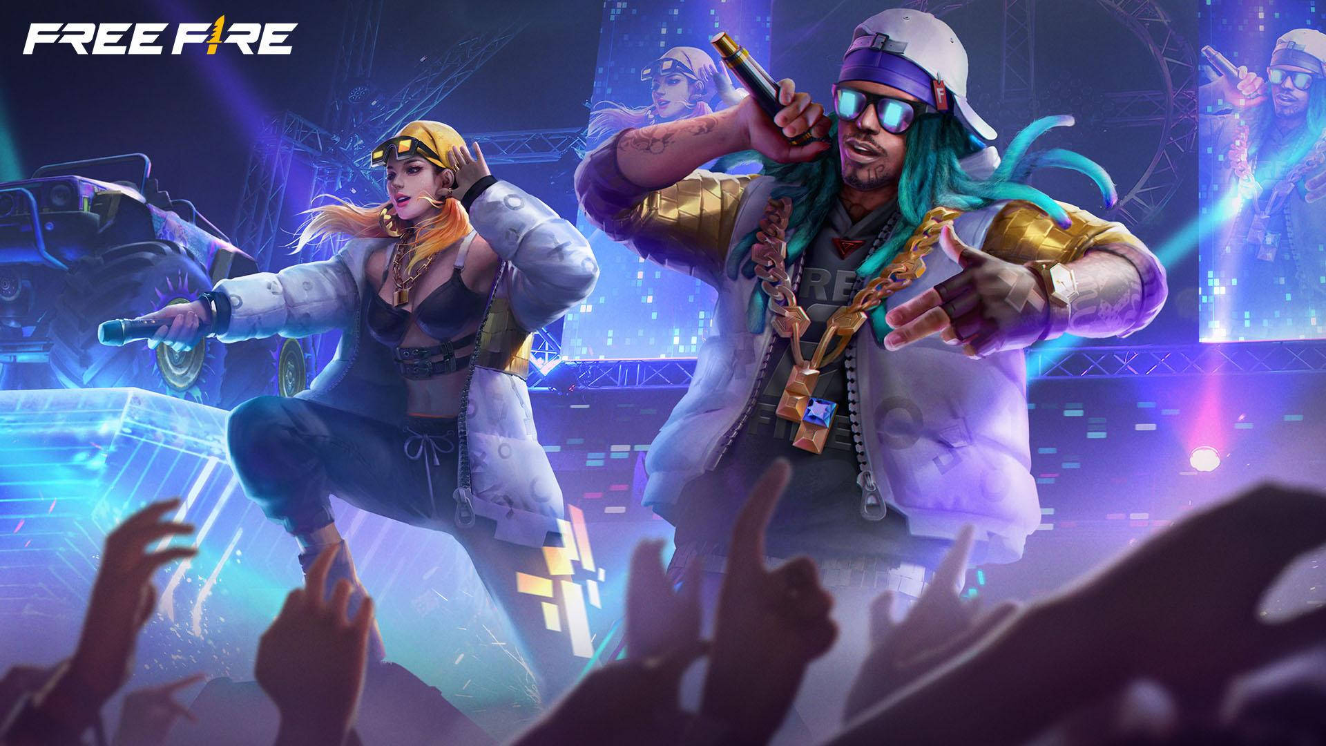 Free Fire Hip Hop Bundle, neon-lit stage, glowing effects, Full HD Desktop Wallpaper