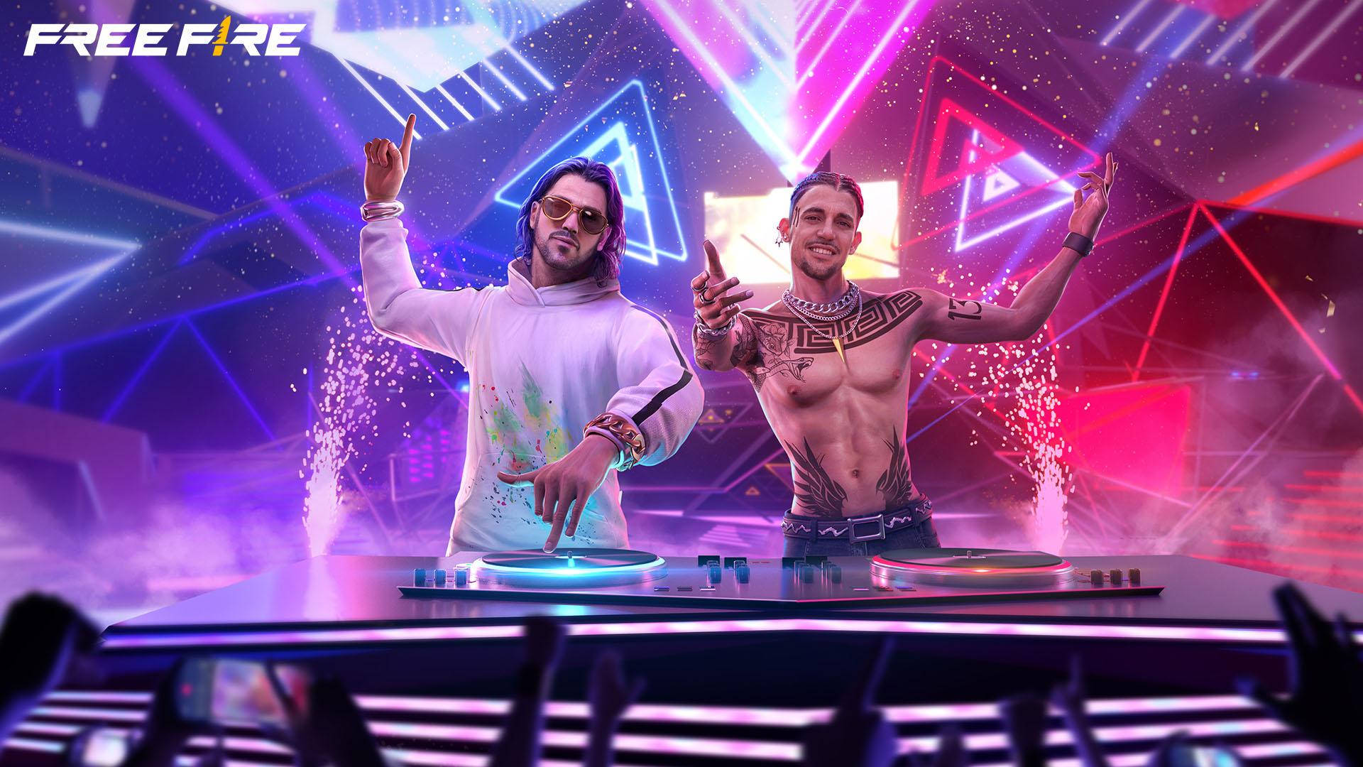 Free Fire Hip Hop Bundle, neon-lit nightclub stage, glowing turntables, Full HD Desktop Wallpaper
