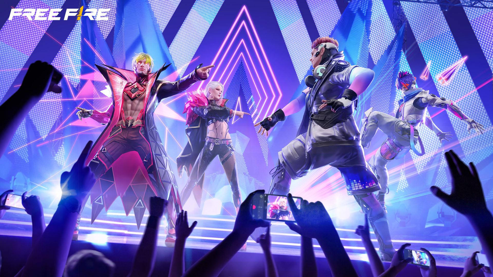 Free Fire Hip Hop Bundle, neon-lit stage, glowing phones, Full HD Desktop Wallpaper
