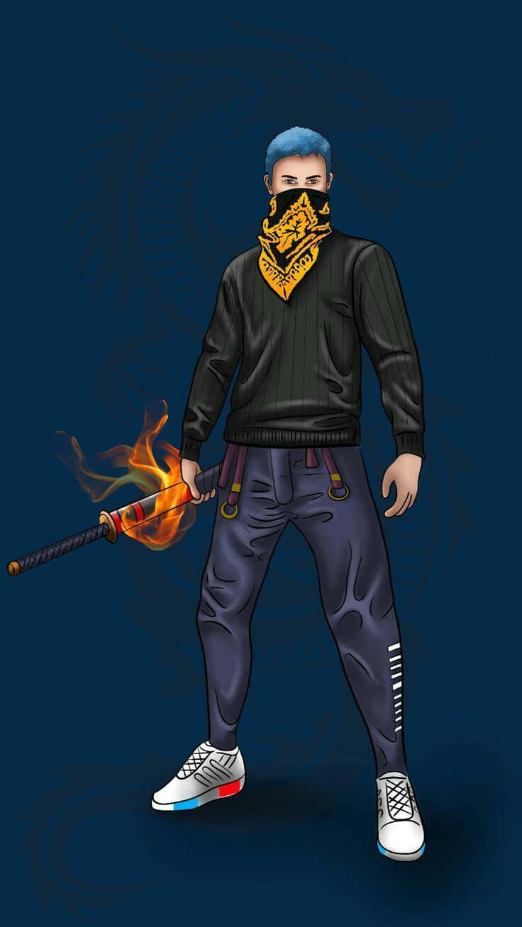 Hip Hop Free Fire, blue hair, flaming staff, HD Phone Wallpaper