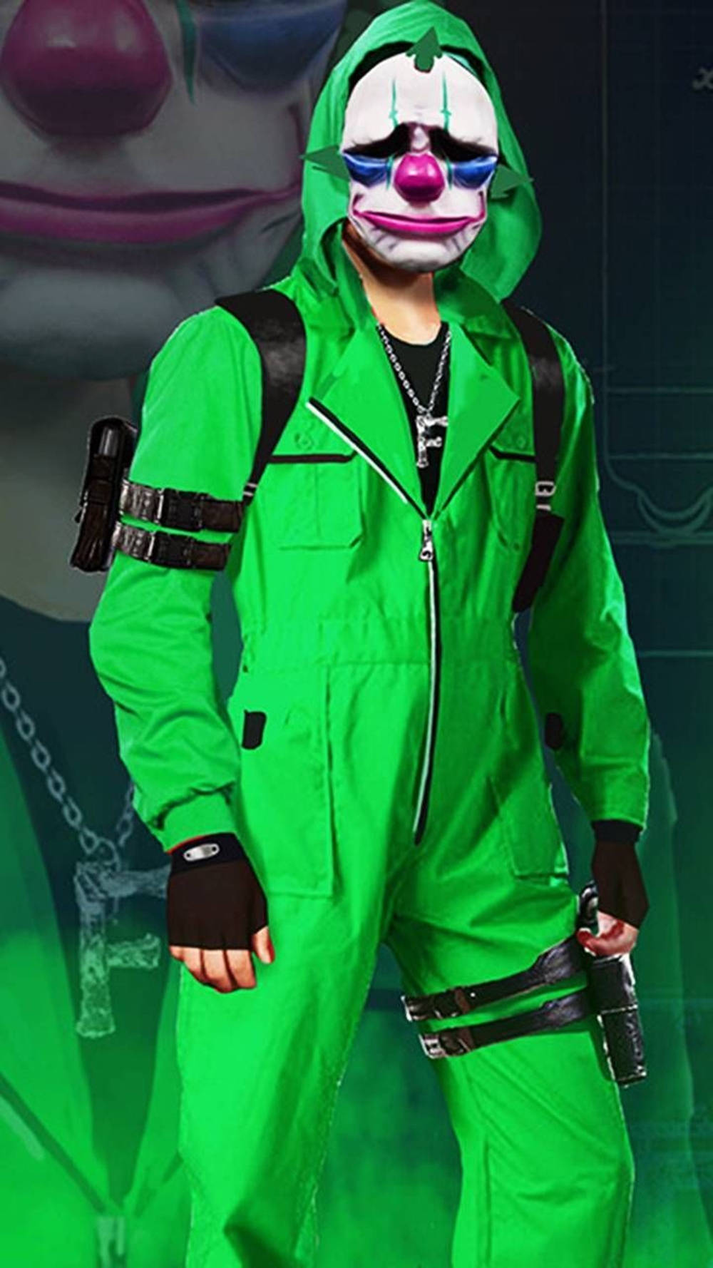 Free Fire Joker, bright green jumpsuit, clown mask, HD Phone Wallpaper