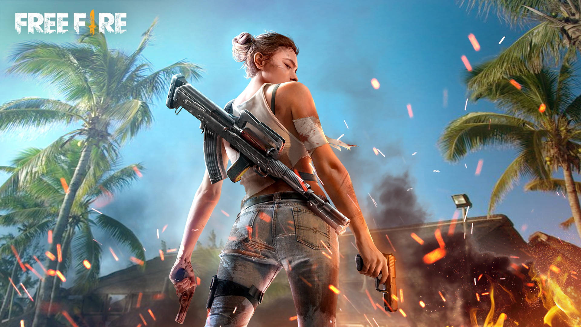 Free Fire Logo, female gamer, tropical setting, Full HD Desktop Wallpaper