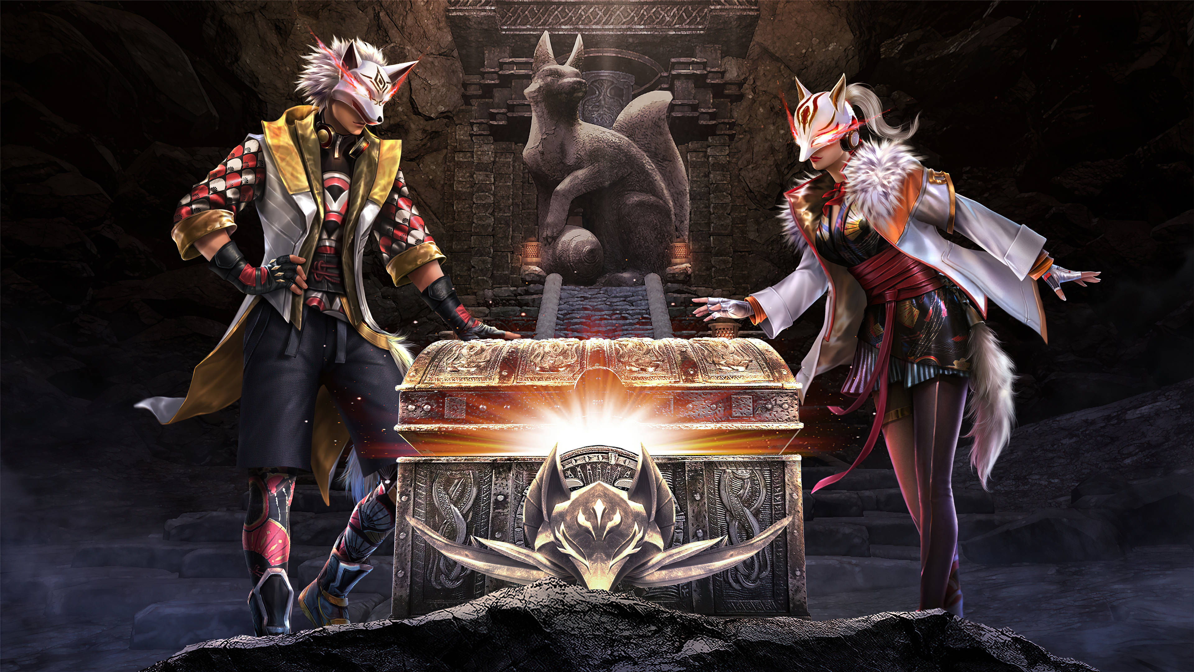 Free Fire Logo, treasure box, fox-masked warriors, 4K Desktop Wallpaper
