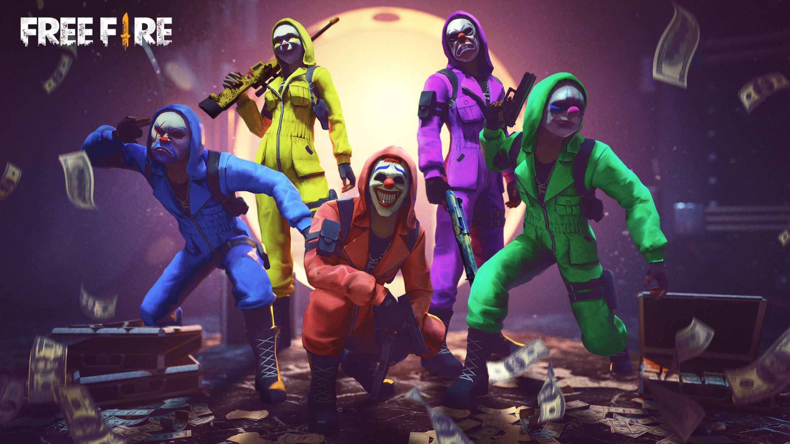 Free Fire Logo, five clown-masked gamers, colorful hoodies, 2K Desktop Wallpaper