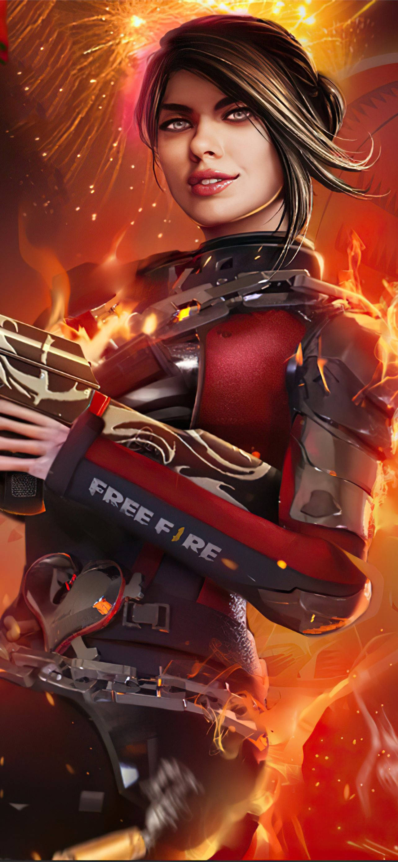 Free Fire Season 1, red body suit, female gamer, 2K Phone Wallpaper