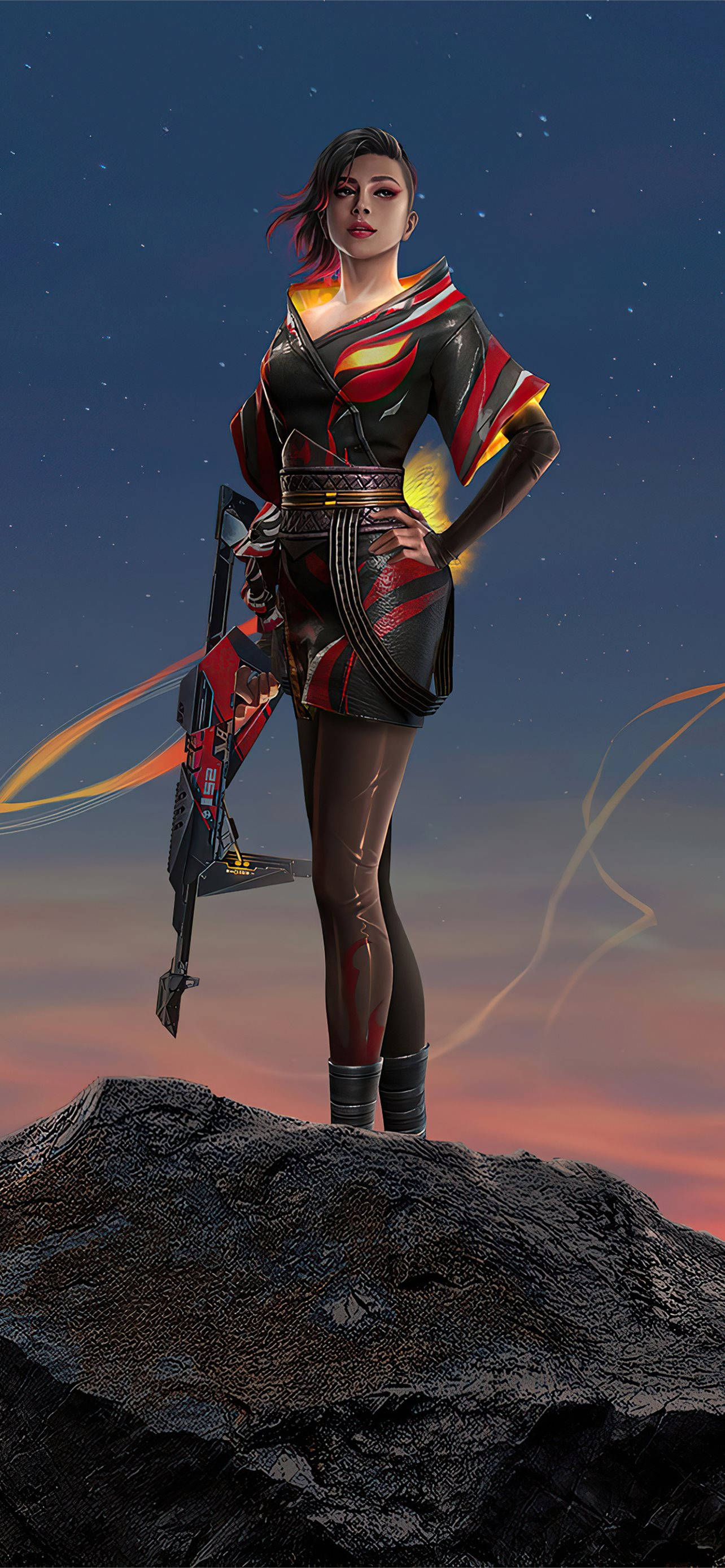 Free Fire Season 1, female warrior, red and black armor, 2K Phone Wallpaper