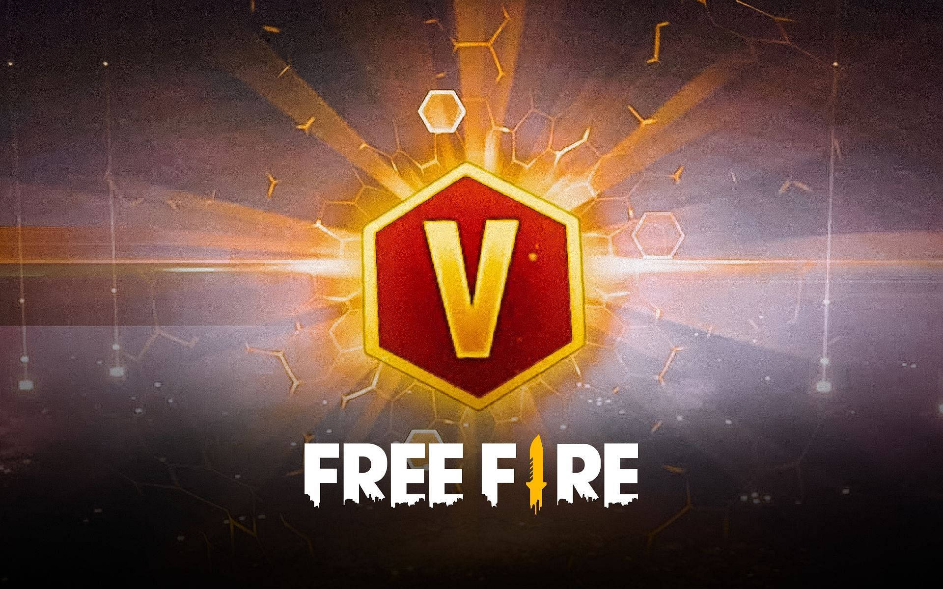 Free Fire V Badge Banner, glowing red hexagonal emblem, golden V, Full HD Desktop Wallpaper