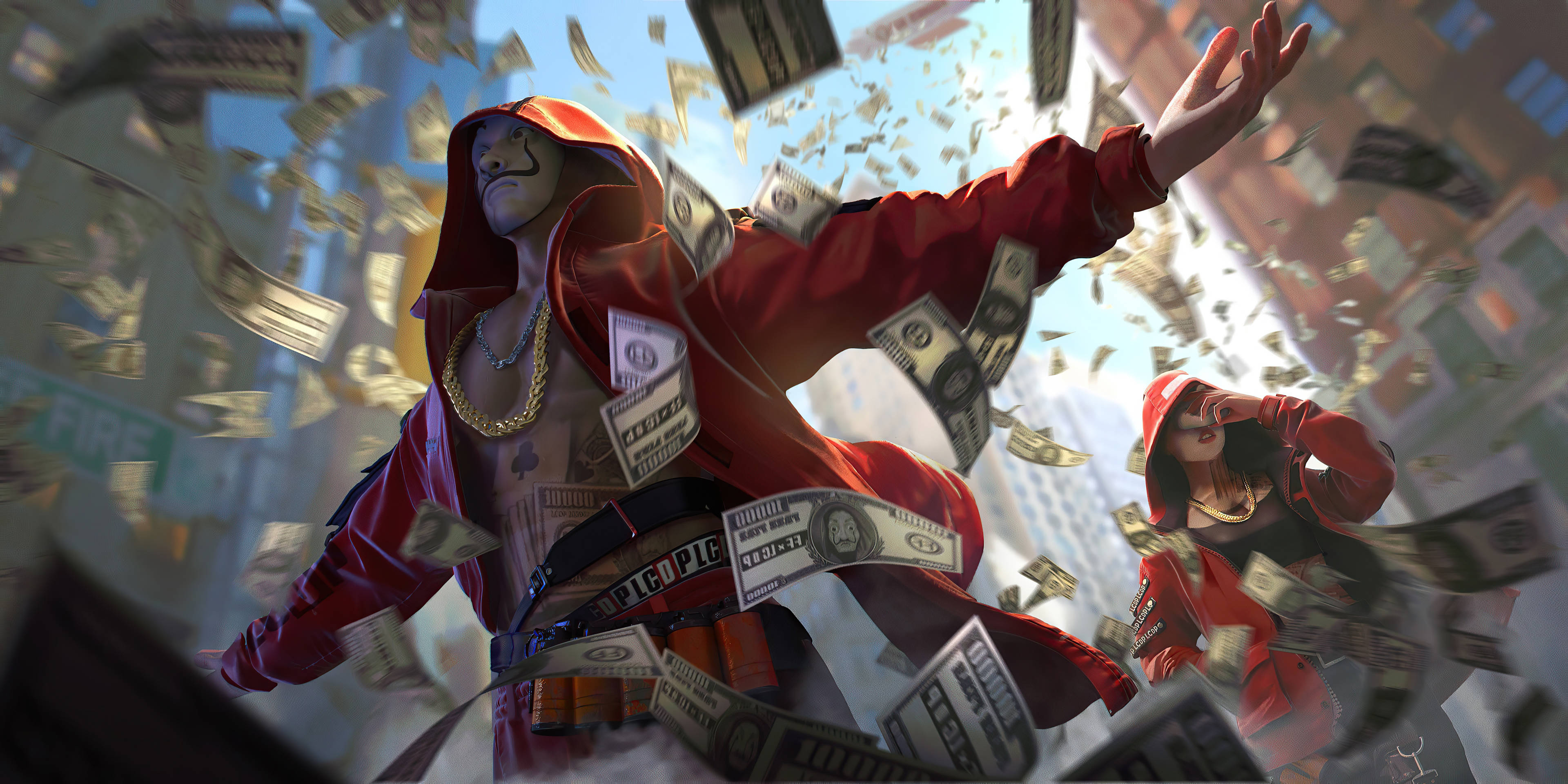 Free Fire, red hoodies, dollar bills, 4K Desktop Wallpaper