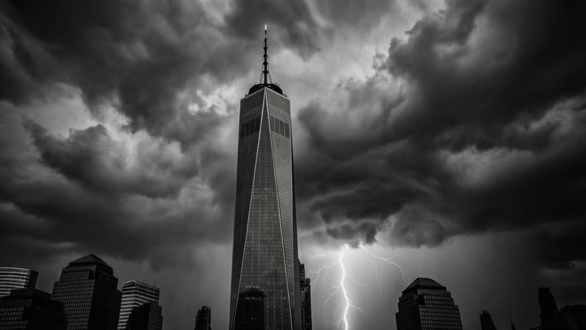 Freedom Tower, stormy sky, lightning bolt, Full HD Desktop Wallpaper