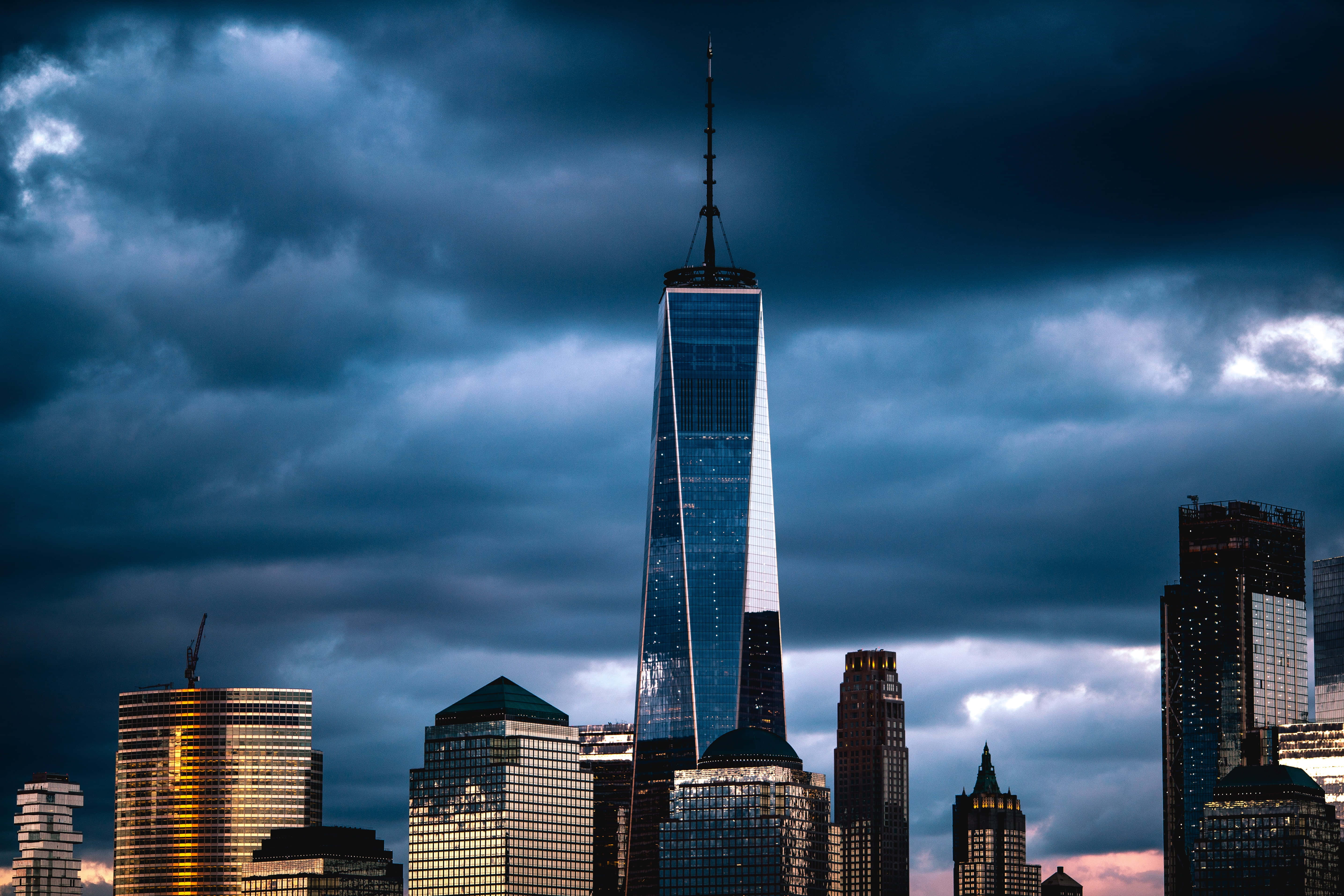 Freedom Tower, twilight sky, city lights, 5K Desktop Wallpaper