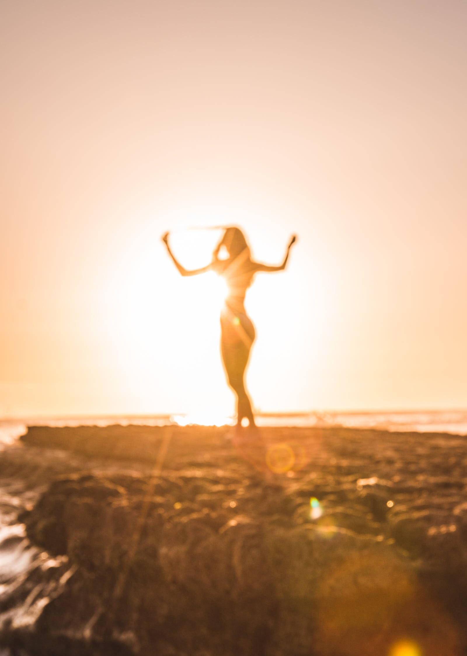 silhouette woman, rocky beach, sunset, Full HD Phone Wallpaper