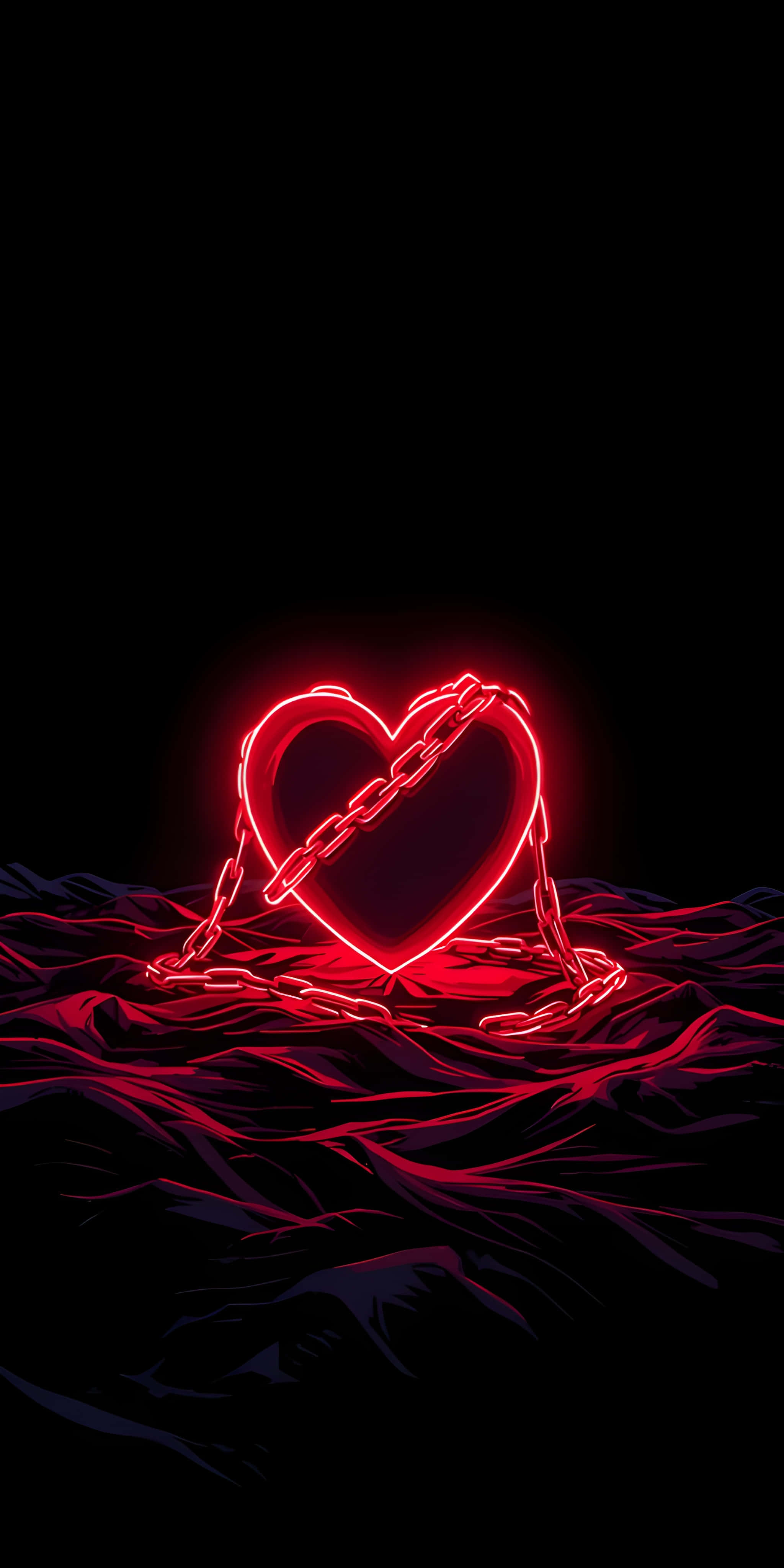 anatomical neon red heart, glowing red neon heart, chain, 4K Phone Wallpaper