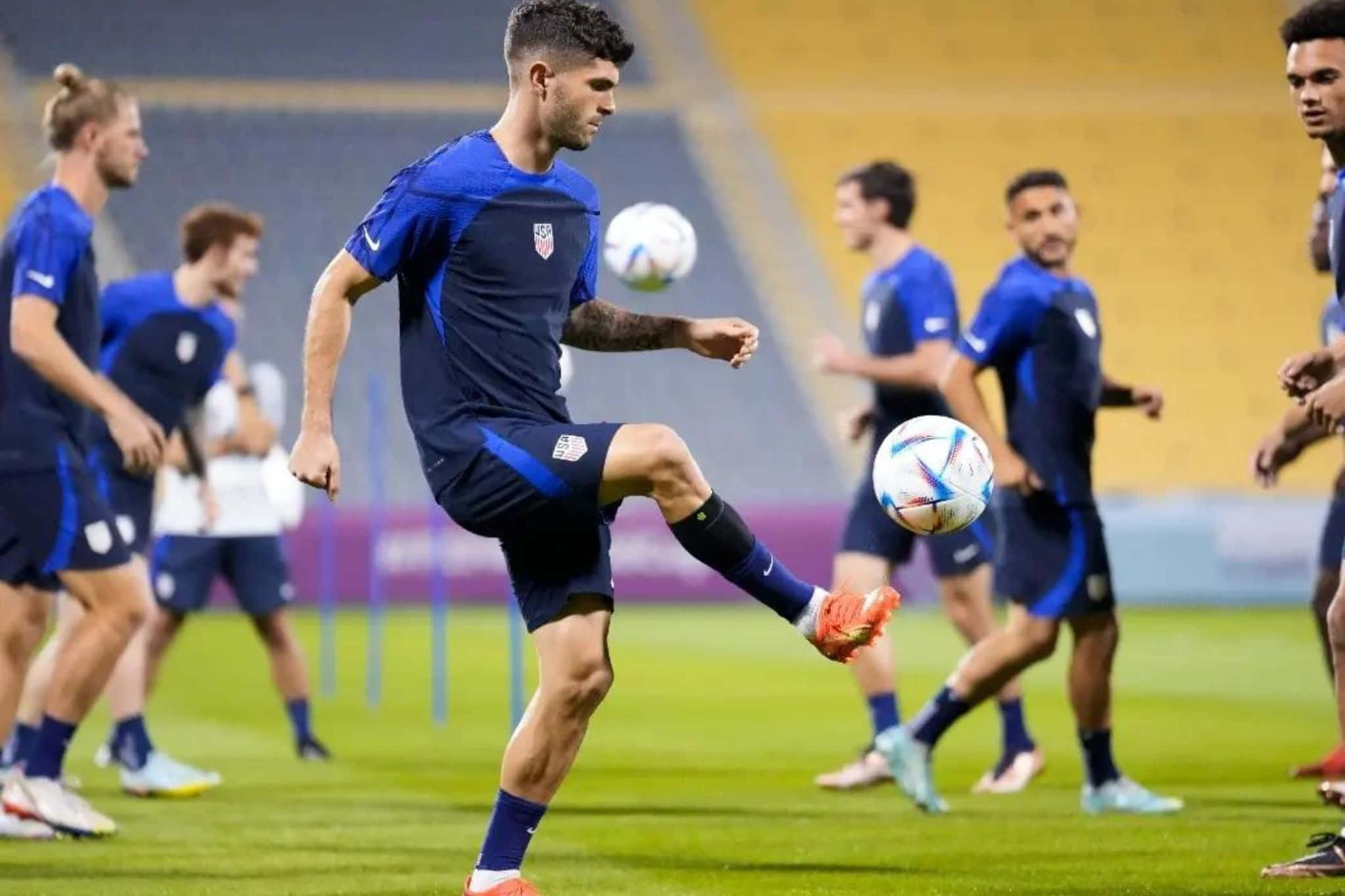 U S Soccer Team, blue training gear, white and blue ball, Full HD Desktop Wallpaper