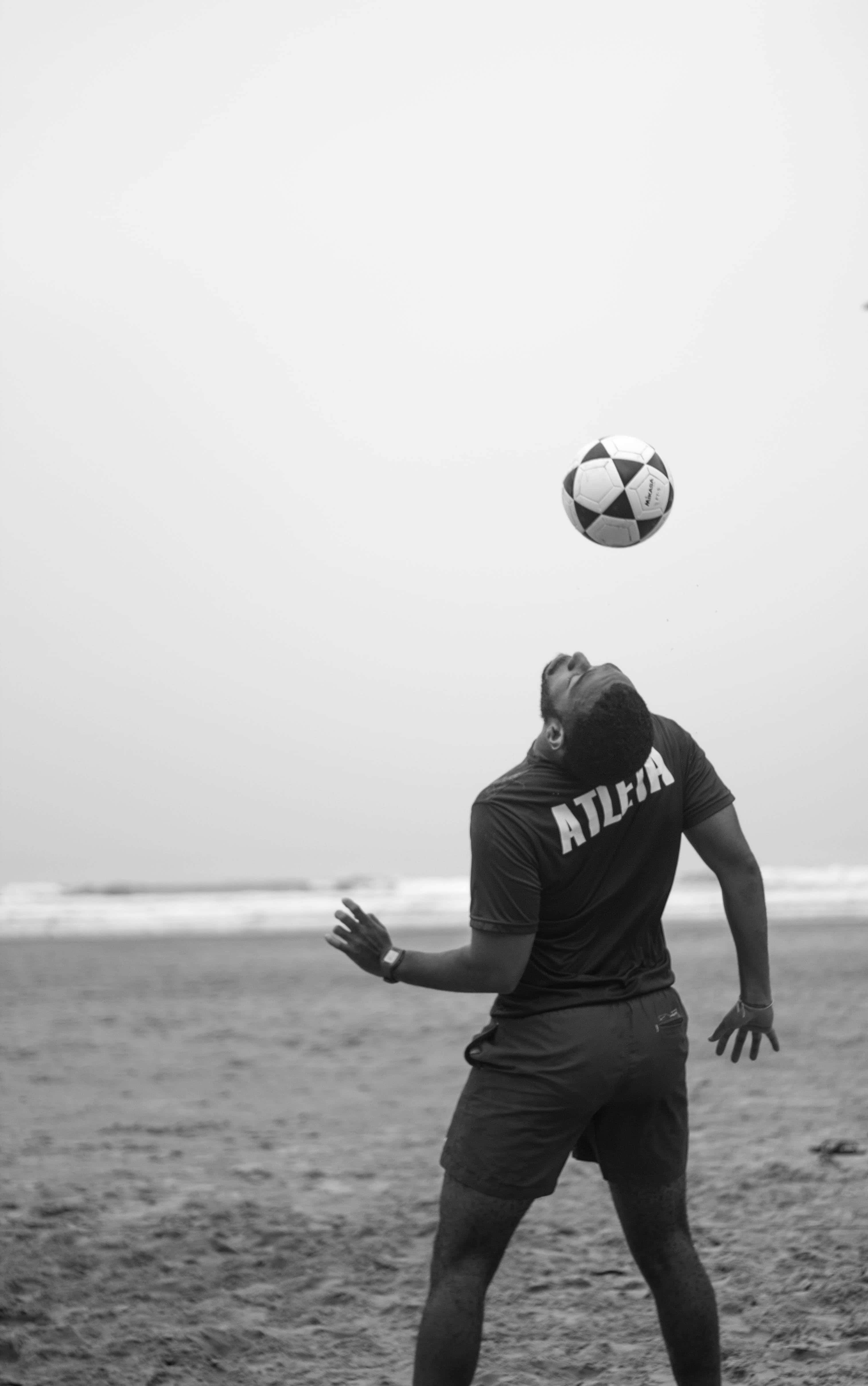 soccer ball, beach, black and white photo, 4K Phone Wallpaper