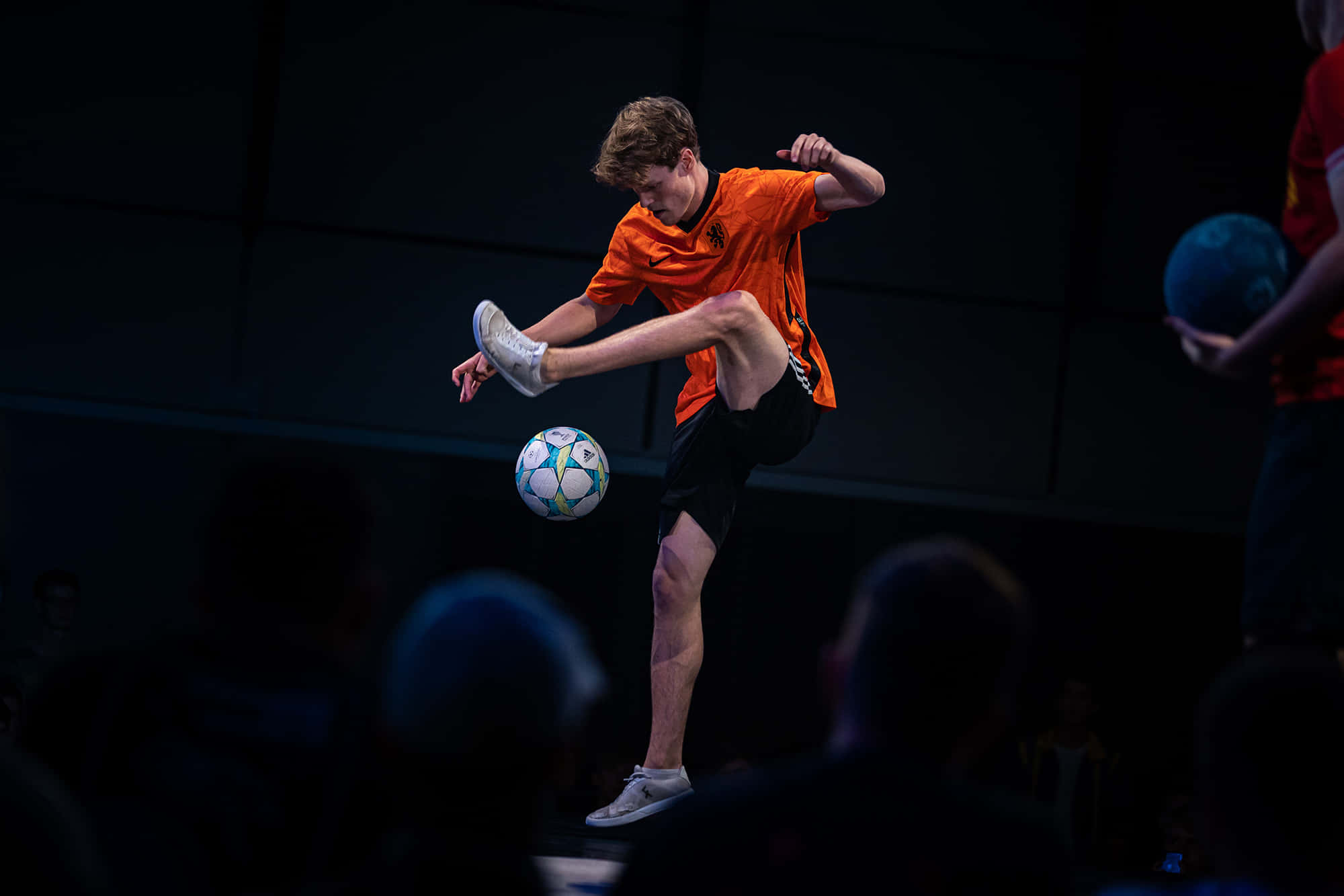 orange jersey, soccer ball, bright stage lights, Full HD Desktop Wallpaper