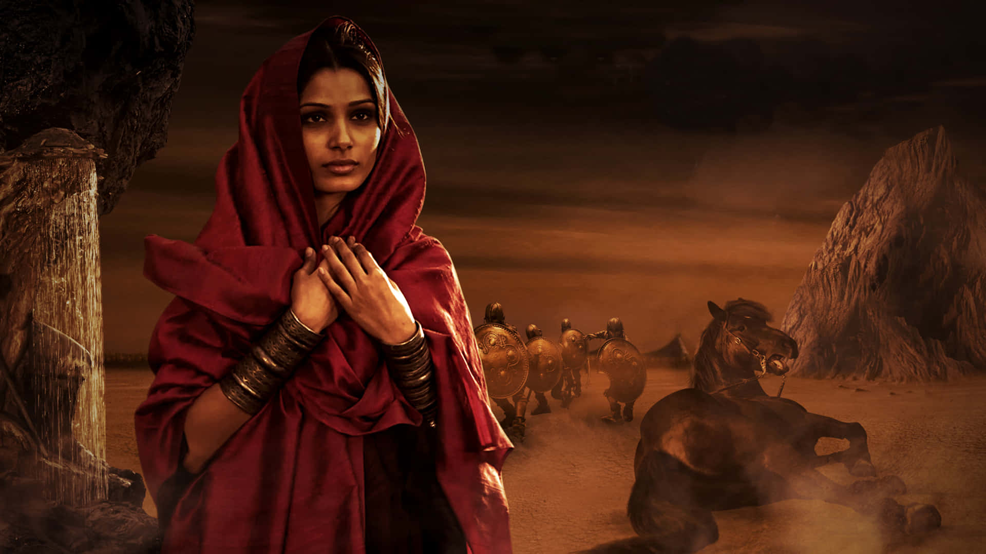 Freida Pinto, red veil, desert, Full HD Desktop Wallpaper
